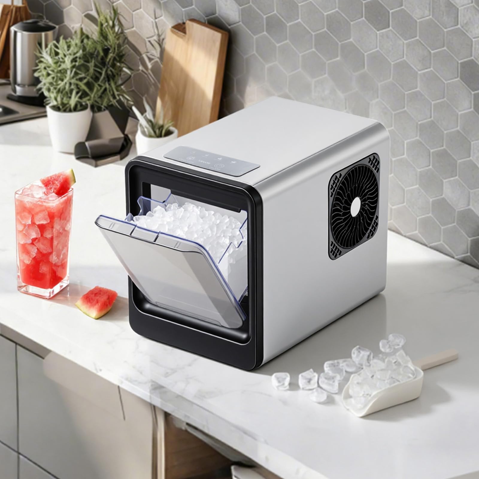 VEVOR Macchina per Ghiaccio da Tavolo 15 kg al Giorno, Vaschetta per Cubetti di Ghiaccio Autopulente con Paletta, Macchina per Cubetti di Ghiacci per Casa, Cucina, Ufficio, Bar, Feste, Bevande