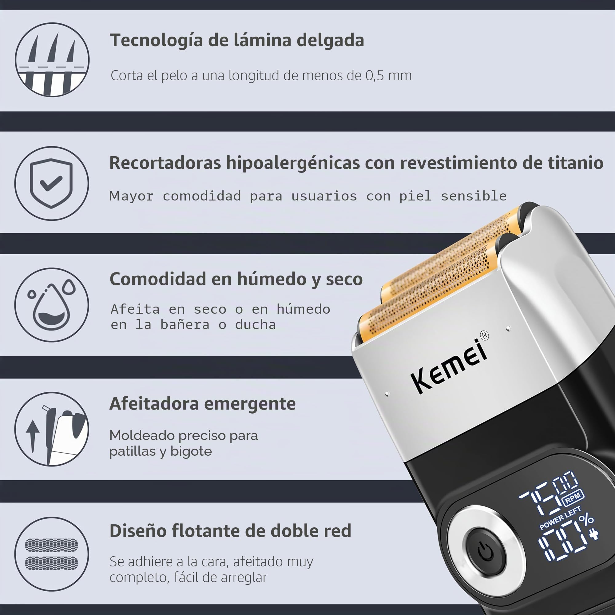 Maquinilla de Afeitar para Pombres KEMEI - Afeitadora de láminas Recargable sin Cable, a Prueba de agua y Lavable, KM-2026