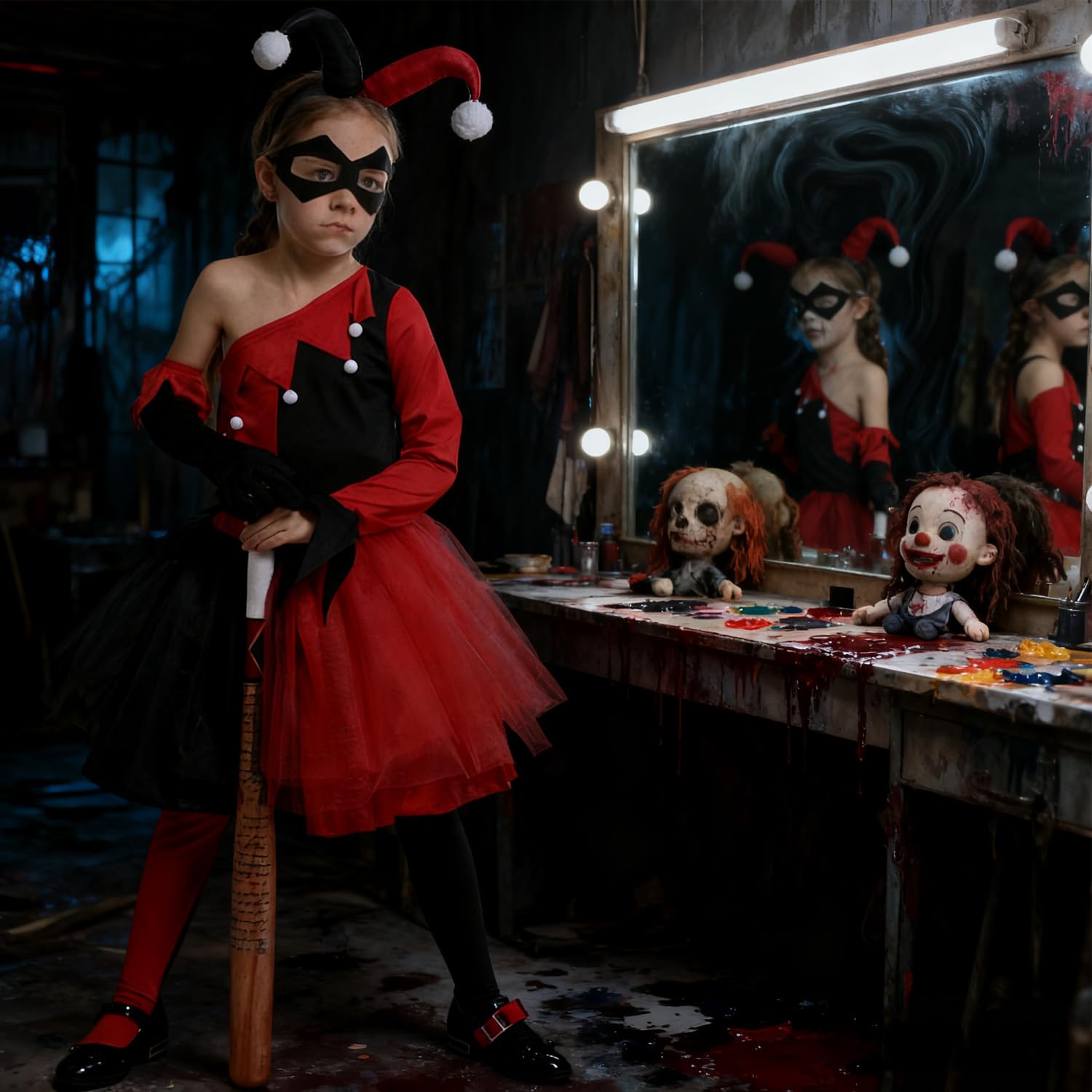 GEEKEO Quinn Costume Bambina, Clown Costume Carnevale Bambina, Vestito Carnevale per Bambini Ragazze 3-12 Anni, Joker Costumi di da Quinn Cosplay Abito per Carnevale, Fancy Dress, Halloween Feste