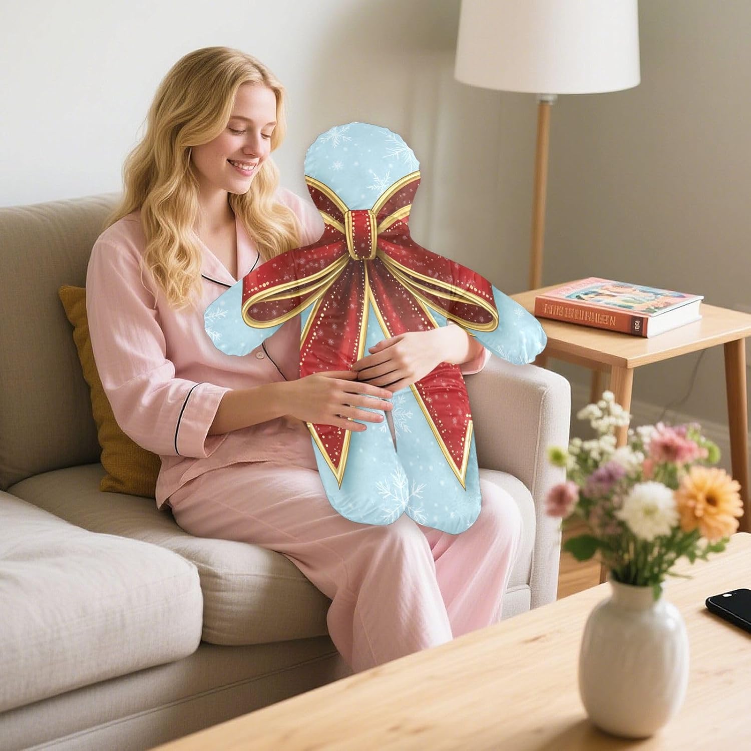 Red Bow with A Golden Ribbon Human-Shaped Pillow Soft Body Pillows Washable Velvet Pillows for Anxiety Relief Sleeping Cuddling & Support