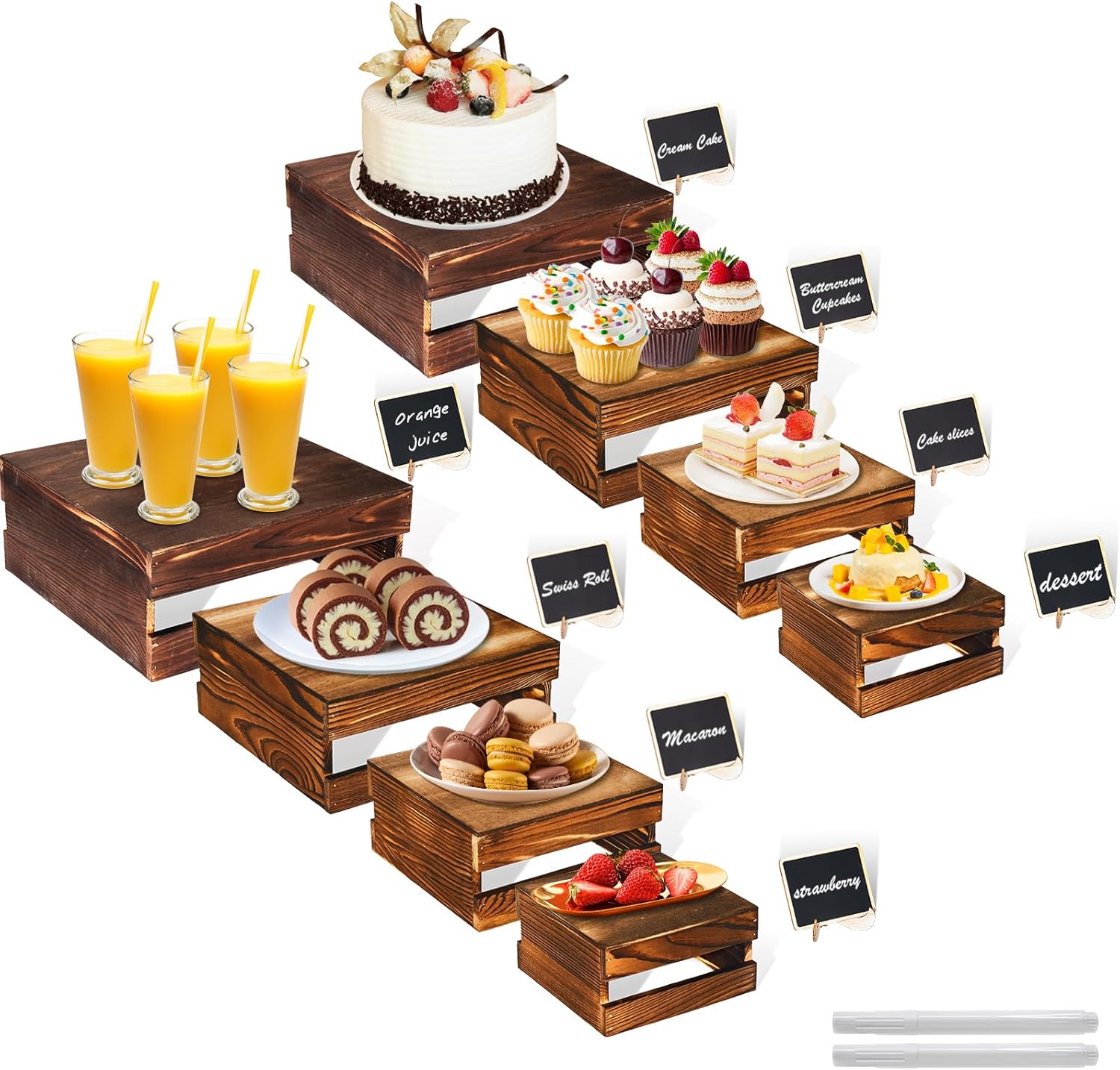 Amazon.com | 8 Pcs Buffet Risers with Mini Signs, Rustic Wood Cake ...