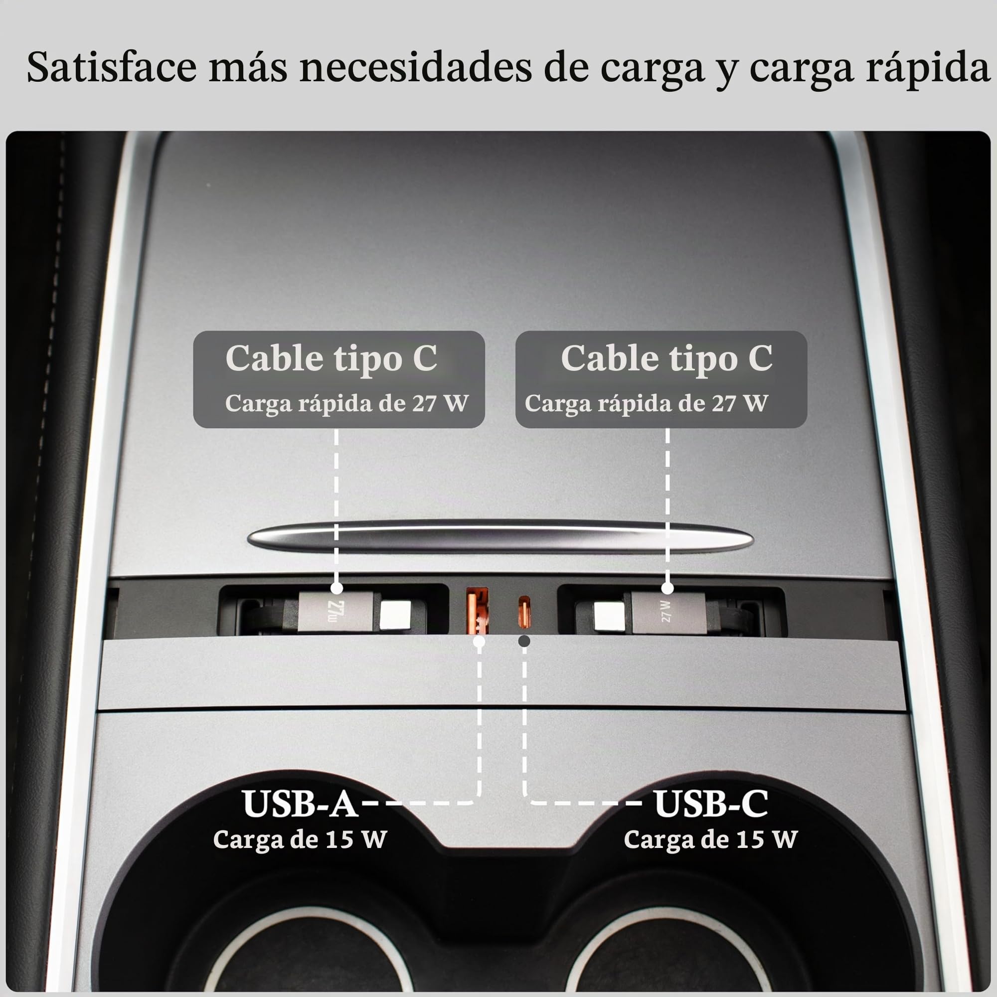 Concentrador USB con Carga para Tesla Model 3 2021-23 y Model Y 2021-24 con Dos Cables Retráctiles de Carga Rápida Tipo-C de 27W, Accesorios para Estación de Acoplamiento de Consola Central
