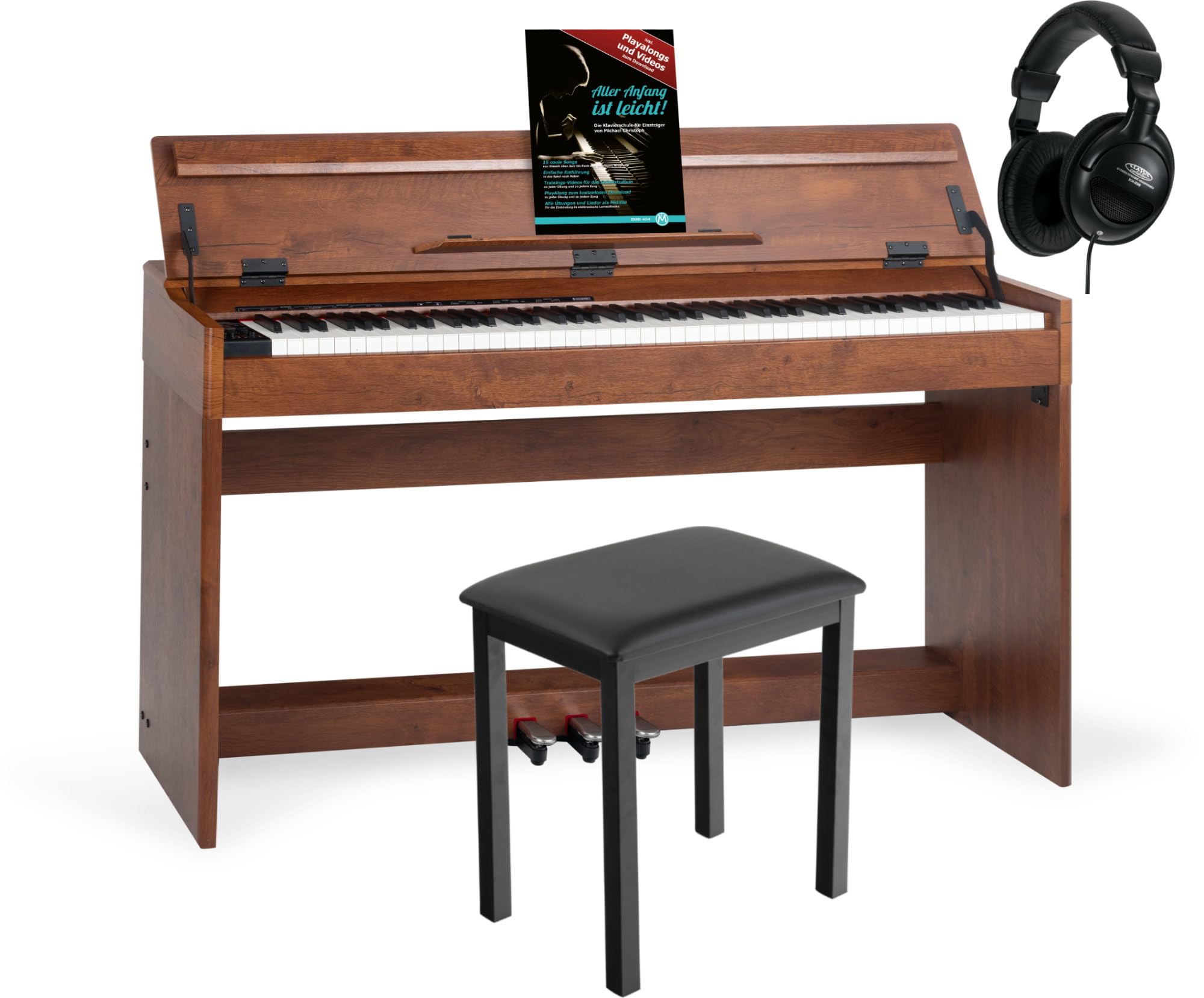 McGrey DP-18 WN Pianoforte Digitale Noce Opaco - 88 Tasti Tastiera con azione a martello - Pianola musicale con USB, 128 suoni, 128 polifonie, 3 pedali - Piano digitale Set con Panca e Cuffie