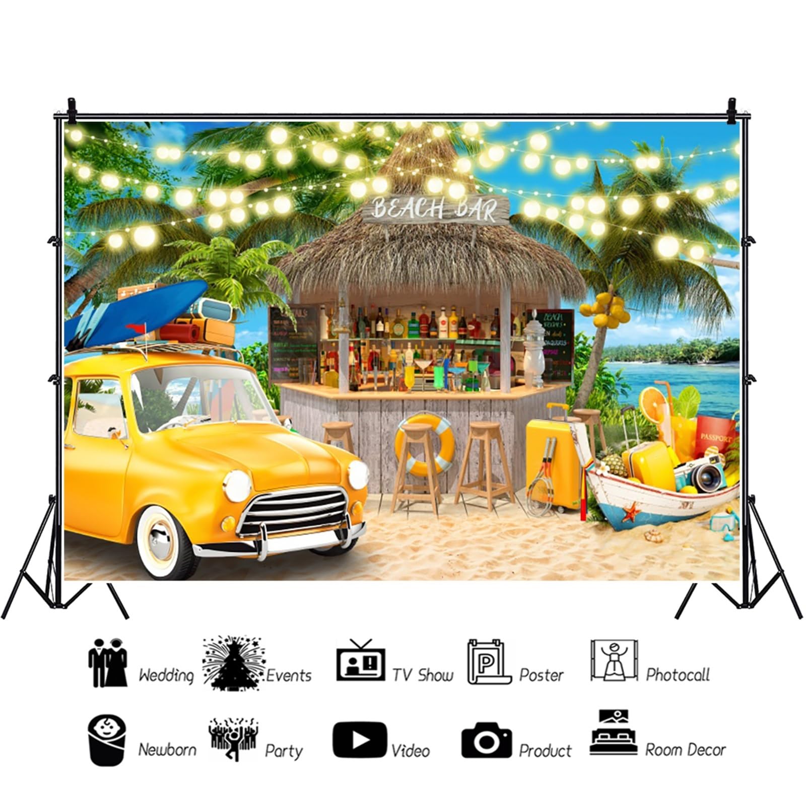 YongFoto 2,2x1,5m Sommer-Strand-Kulisse Bar Auto Bote Árbol de Coco Brillantina Tropical Fondo para fotografía Vacaciones Hawai Cartel de cumpleaños para niños Boda Ducha Nupcial Camping Foto Prop