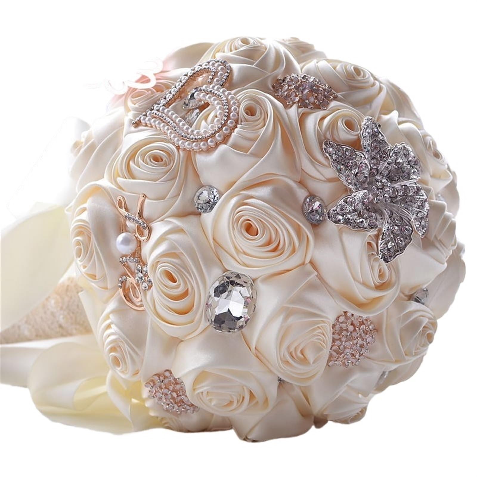 OZLCUA Wedding Bouquet Bridal Wedding Flowers Satin Roses Bride Bouquets Love Brooch Bouquet Crystals Artificial Rose Wedding Bouquet Bridal Bouquet(Ivory)