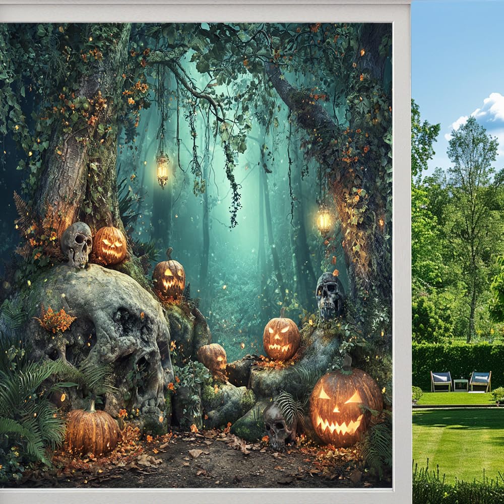 Dark Horror Skull Frosted Window Film, Magical Woodland Pumpkin Stained Glass Privacy Film, Heat Insulation Self-Adhesive Vinyl for Bathroom Office,（55x100cm）