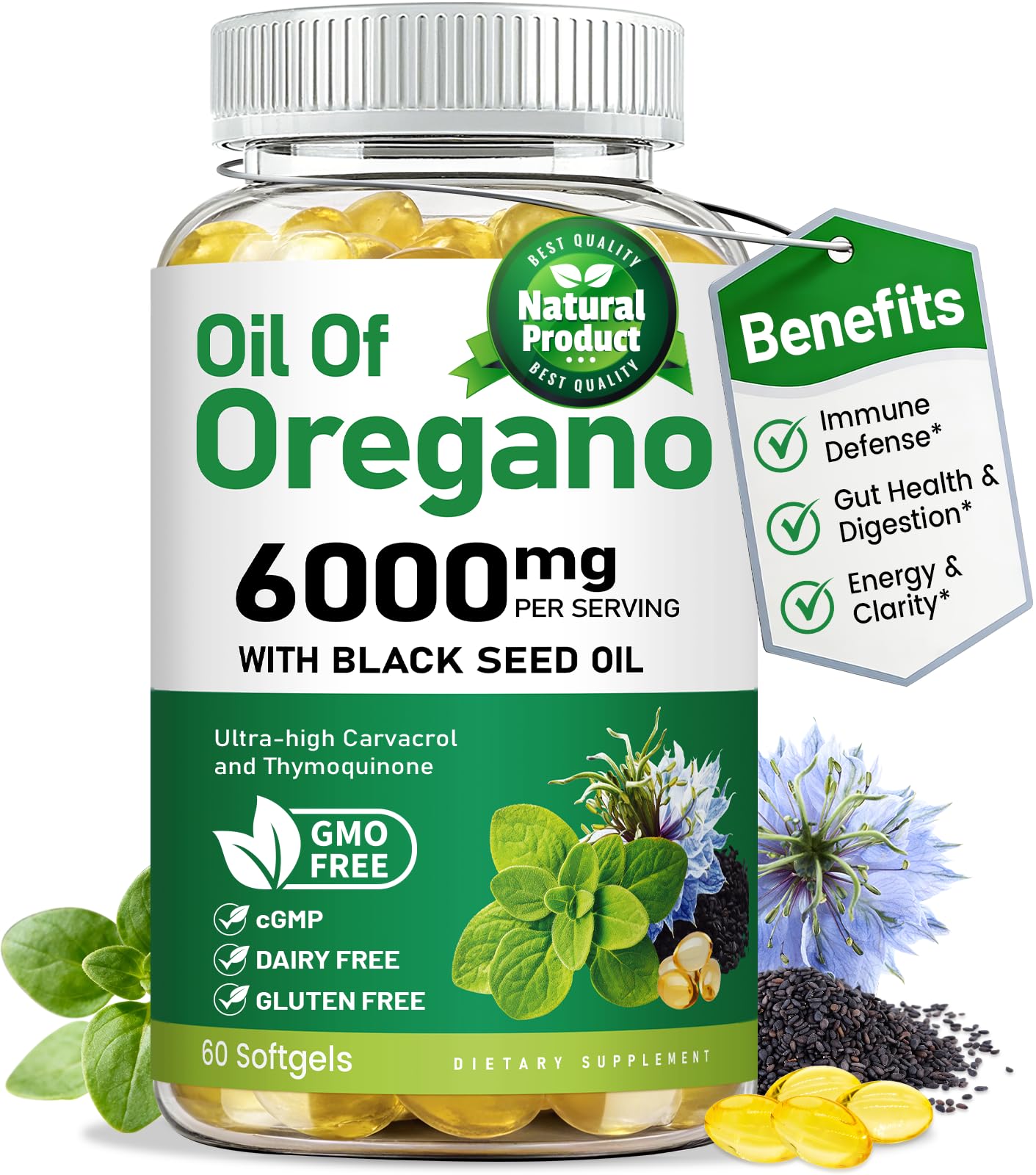 vivcmin Oil of Oregano with Black Seed Oil, 60 Softgels 60 Count (Pack of 1)