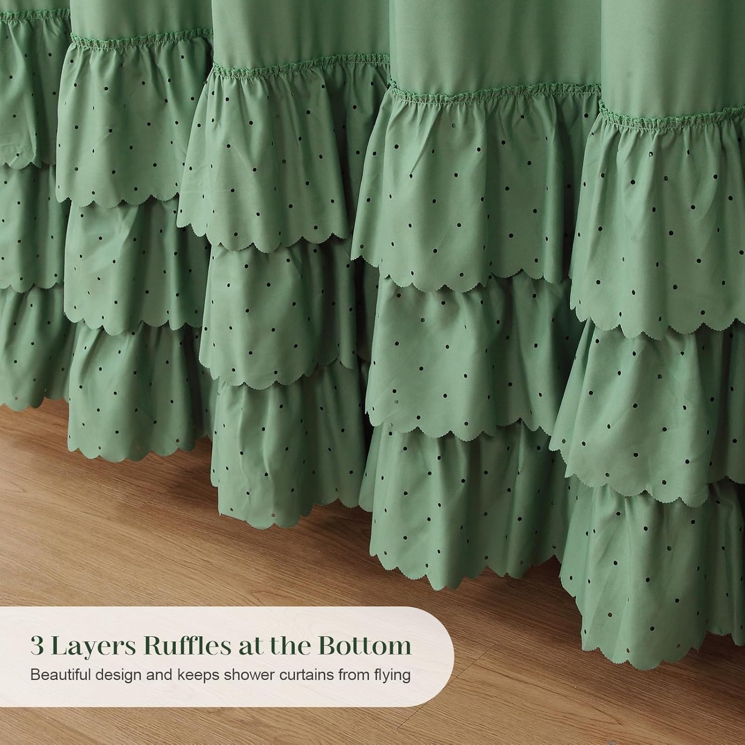 Adjustable Bow-Tie Top Green Ruffle Shower Curtain for Girls Women, Delicate Fabric Shower Curtain with Handcrafted Ruffles and Small Holes, Waterproof Ruched Farmhouse Bathroom Curtain, 72"W x 72"H