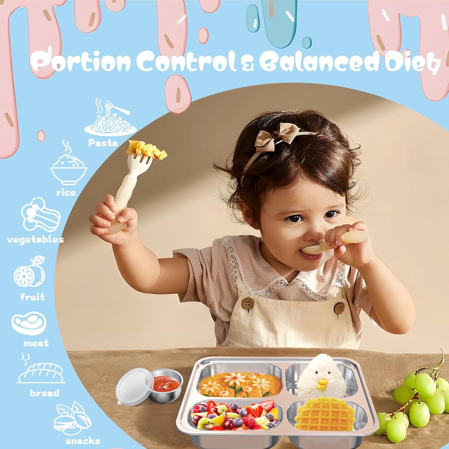 Stainless Steel Divided Plate for Kids Toddler, Non Toxic Portion Control Plate Dinner Plate with Lid for Adults Weight Loss, 4 Pack 4 Sections Rectangular Snack Plate Tray - Image 3