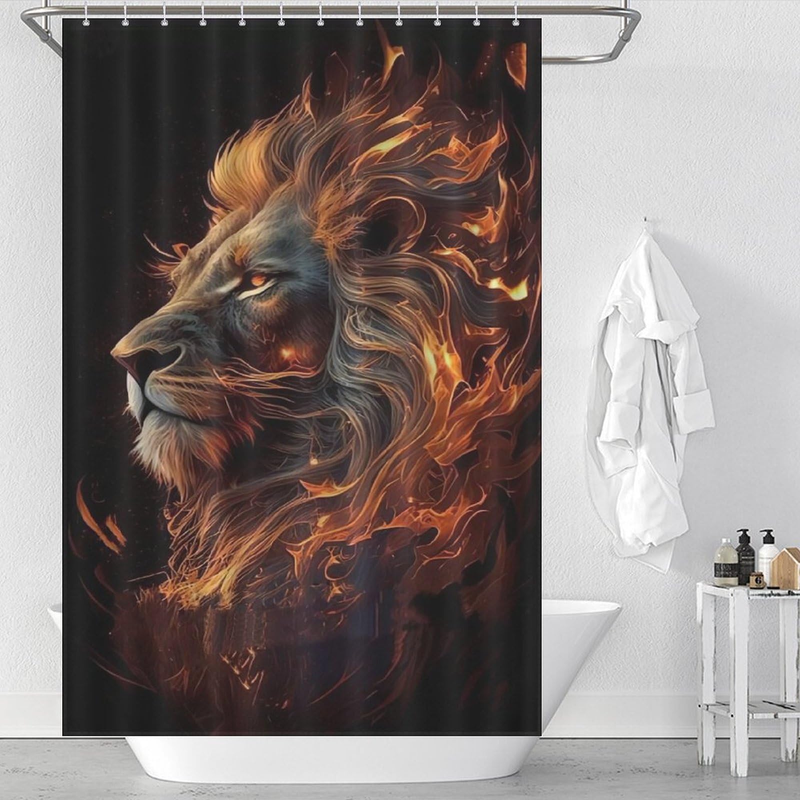 Rideau de douche tissu lavable en machine imprimé lion avec œillets renforcés
