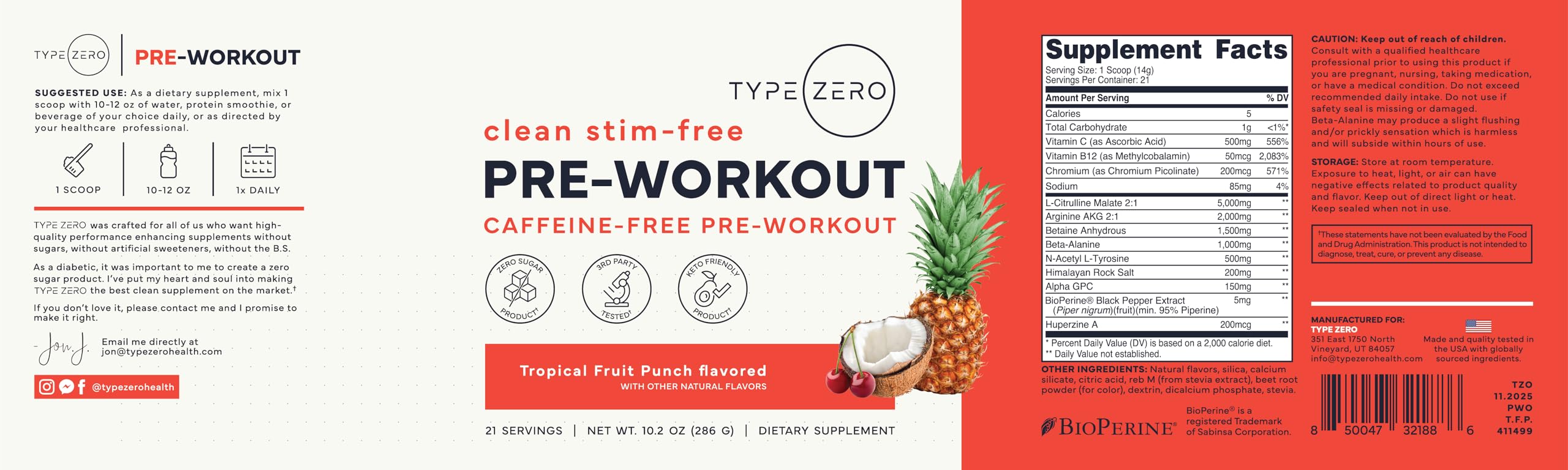 Type Zero Clean Stim Free Pre Workout Powder (Tropical Fruit Punch) 21 Serv — Amazon image 9