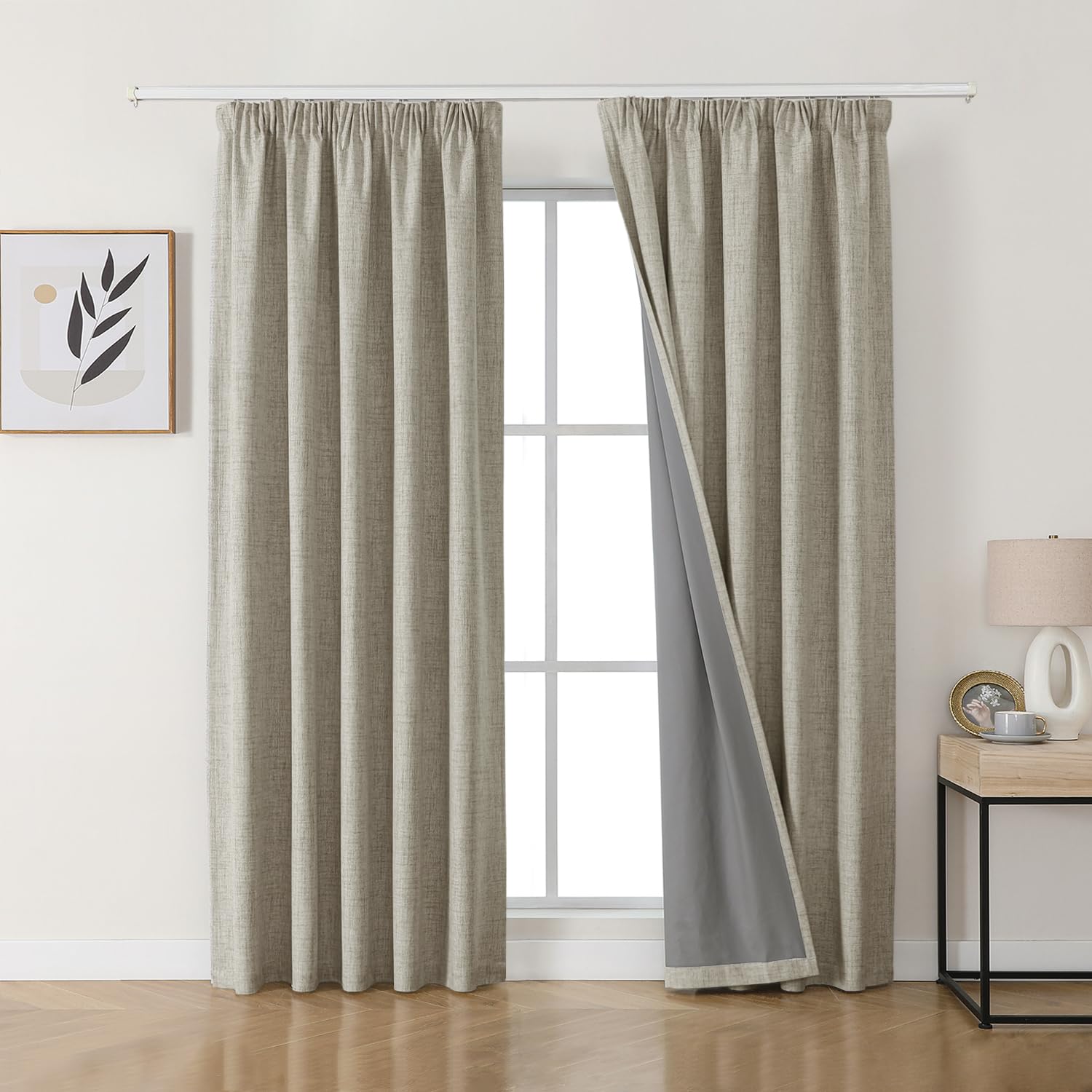 Joydeco 100% Verdunkelungsvorhänge Leinen Gardinen mit Kräuselband 2er Set H214xB132cm Leinen, Thermovorhang Kälteschutz Blickdicht Schallschutz Ideal für Wohnzimmer passt zu Schienensystemen