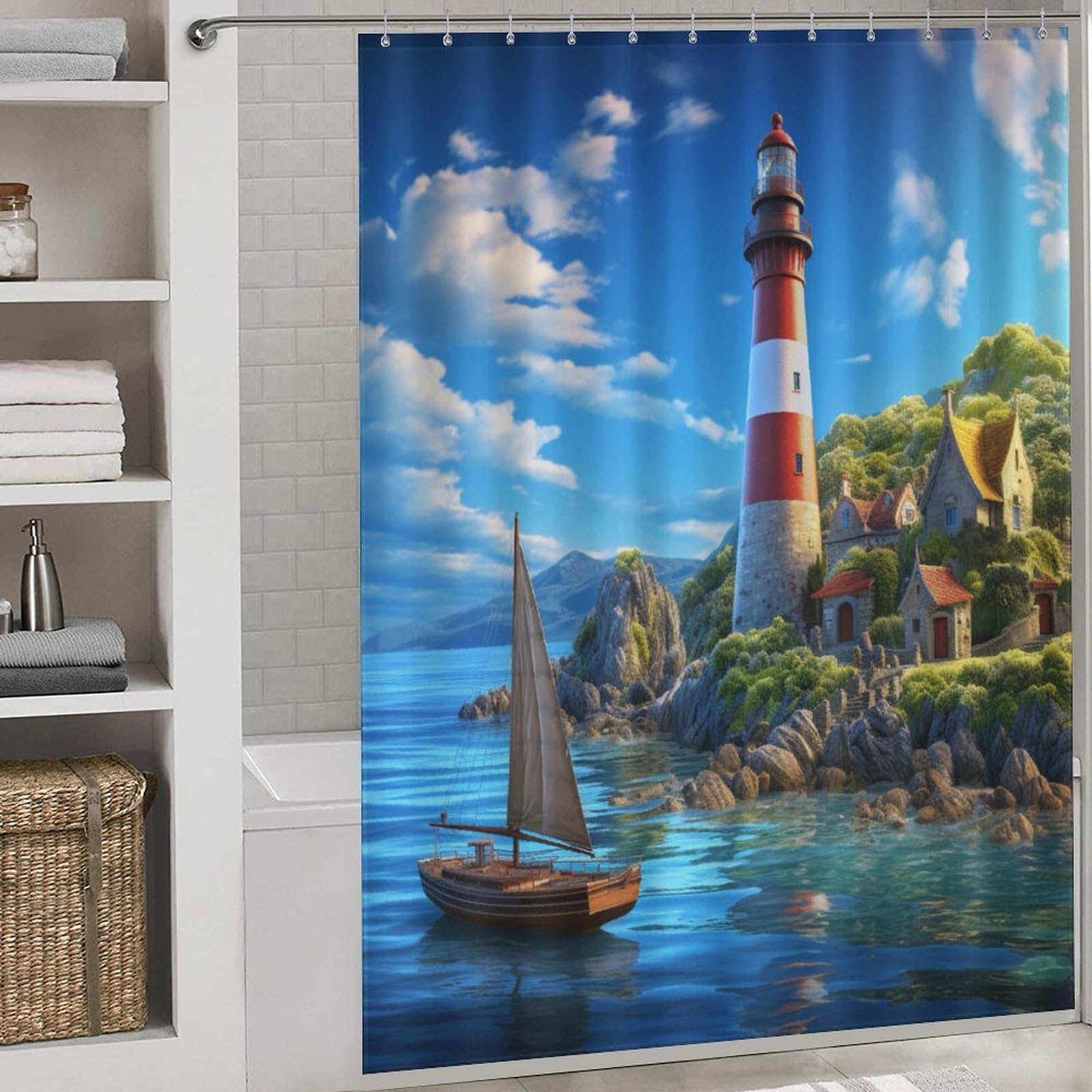 Rideau douche avec 12 crochets pour baignoire ambiance marine