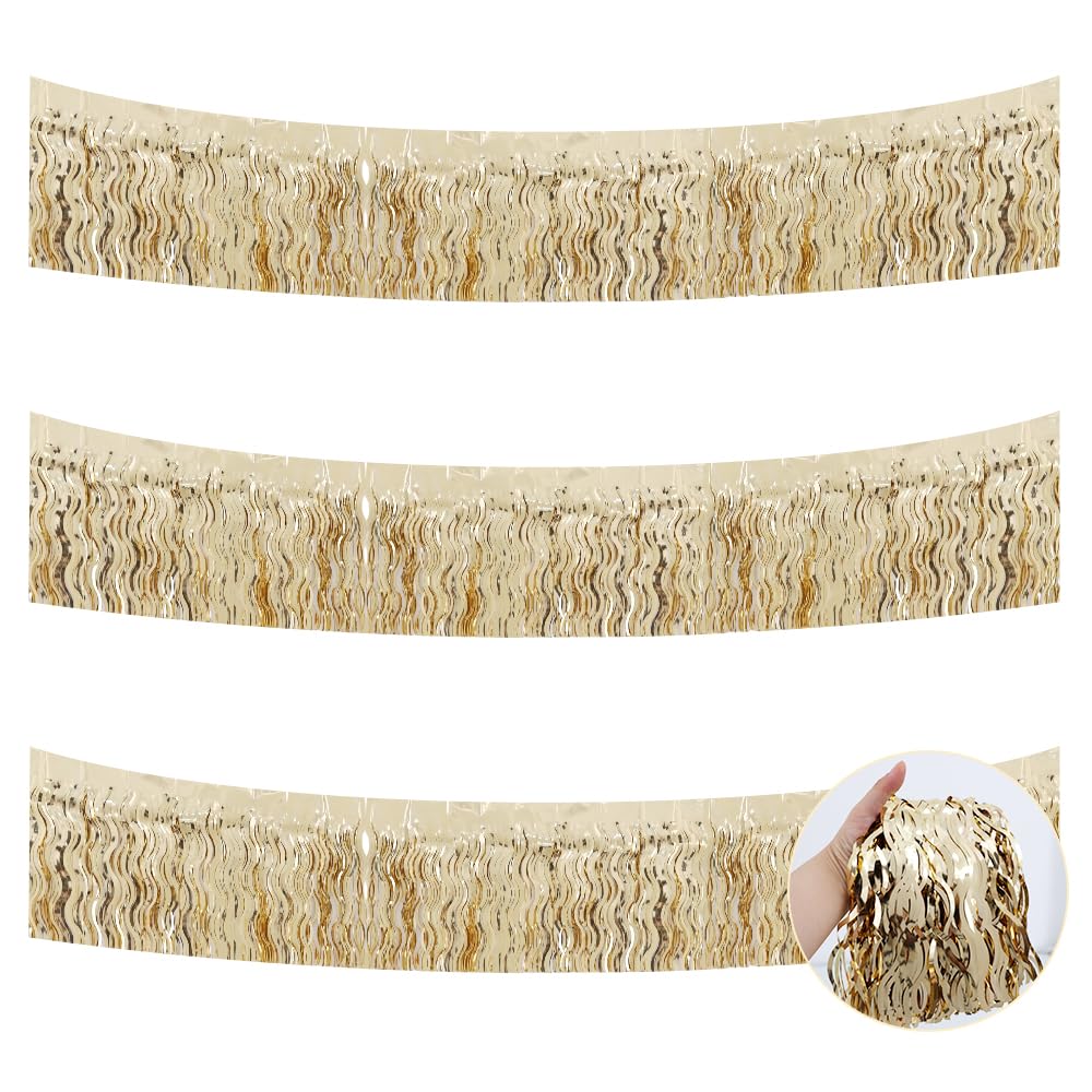 BEISHIDA 3 Pack Champagne Wavy Foil Fringe Garland 30ft Tinsel Wall Decor