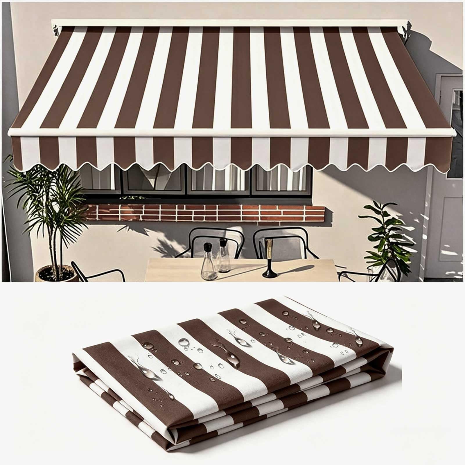 Patio Door Window Awning Sunshade Shelter 7x4m Outdoor Canopy Retractable Awning Shade Fabric Replacements for Garden Party Sunscreen Cover, Brown White Stripes