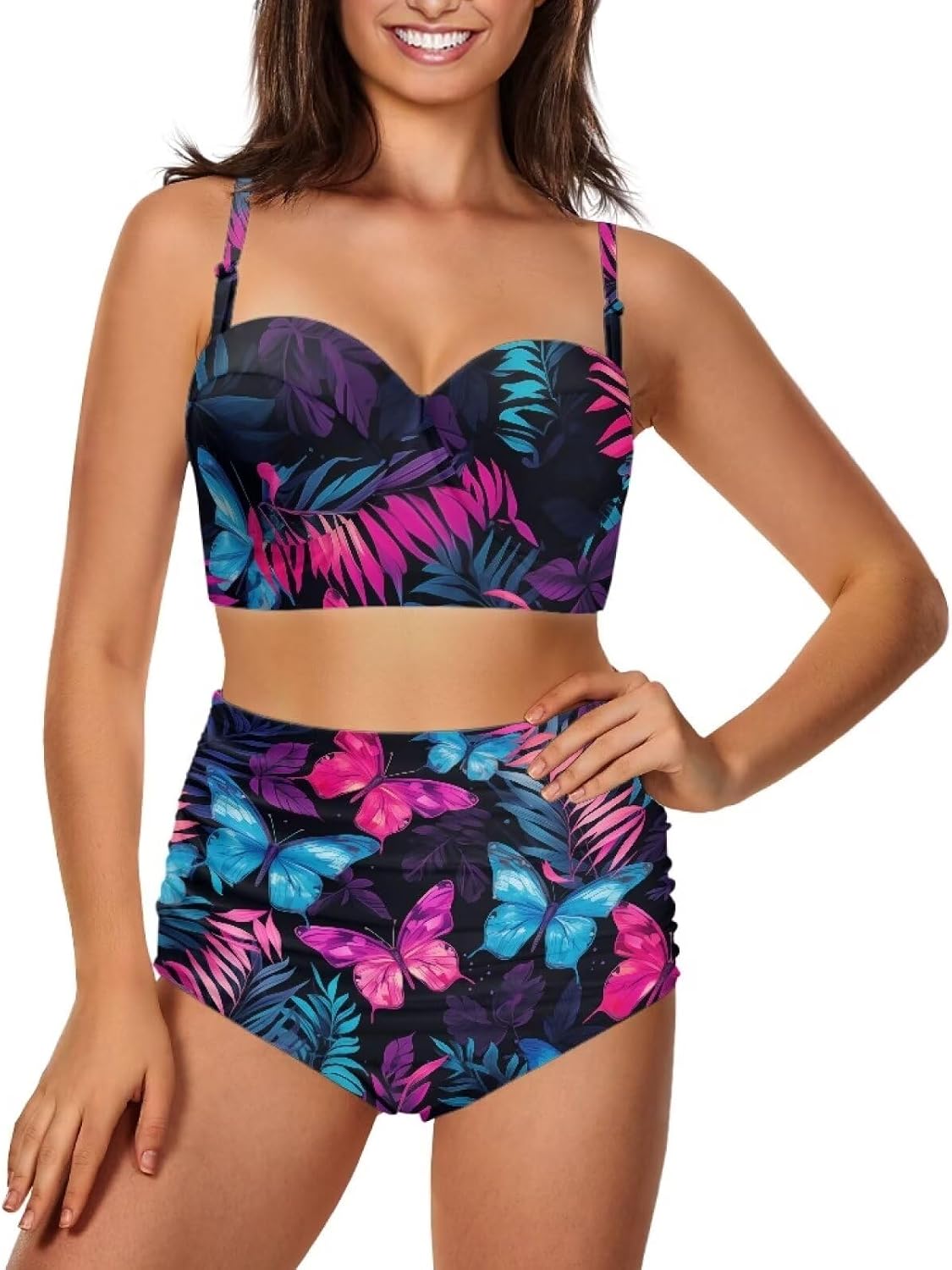ZOUTAIRONG Ribbed Bikini High Waisted Bikini Crop Top Swimsuit for Women Two Piece Bathing Suit Size S-2XL