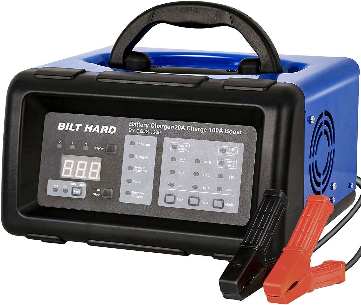 BILT HARD 2/10/20/100A 6/12V Smart Battery Charger and Engine Start, Fully Automatic Battery Maintainer, Desulfator and Diagnostic with Alternator Check