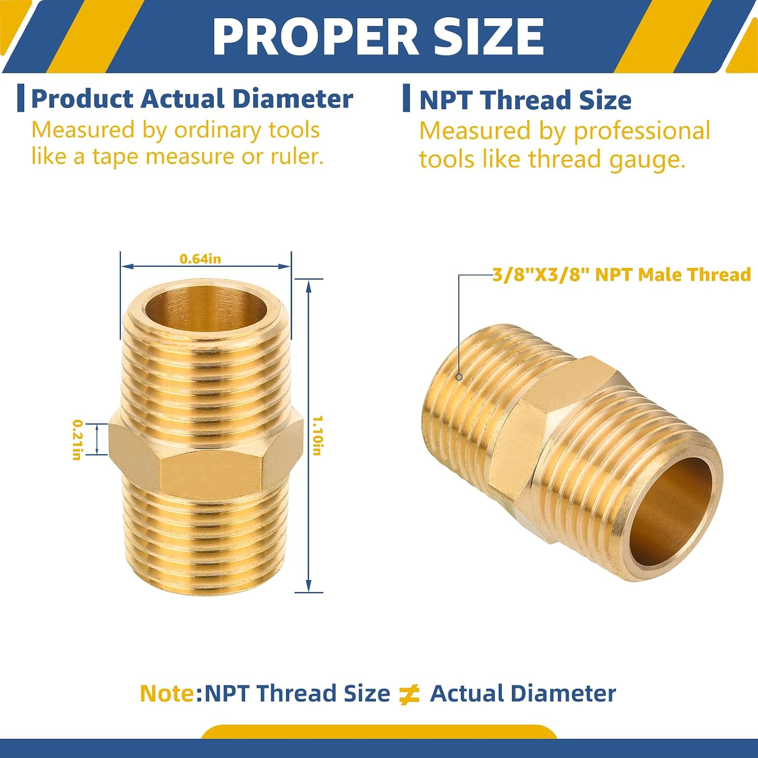 Brass Pipe Fitting,3/8"x3/8" NPT Male Hex Nipple Adapter,3/8 Inch NPT Equal Hex Nipple Connector For Copper, Brass or Iron Pipe Connection(20 PACK)(NPT012-20Pack)