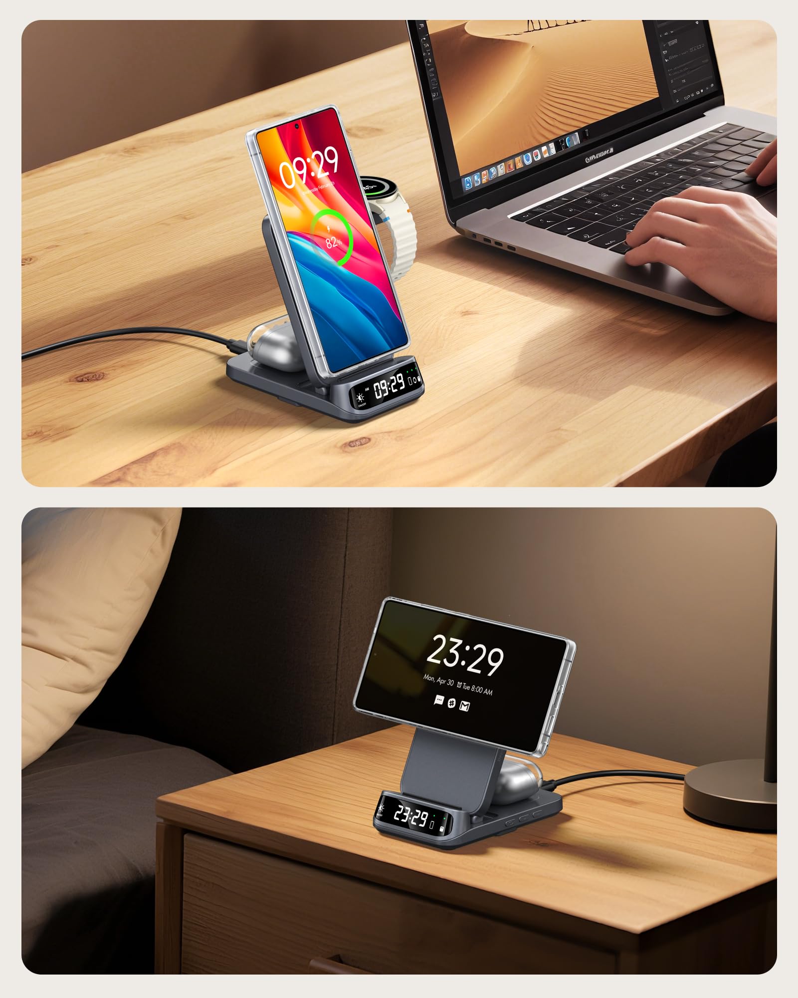 Magnétique Chargeur sans Fil pour Samsung Z Fold 8/Flip 8//S26/Watch 8 | 3 en 1 Station de Charge avec Horloge, Charge Magnétique, Design Pliable et Pratique, Uniquement pour Samsung Galaxy Watch