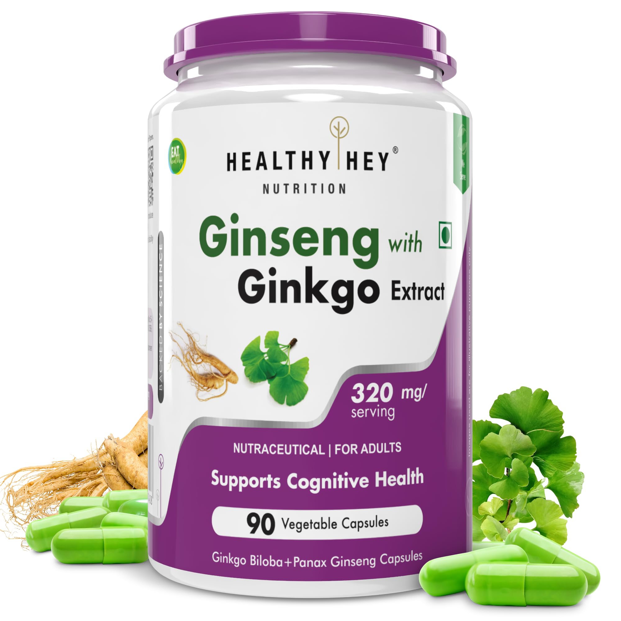 HealthyHey Ginseng + Ginkgo Biloba - Improves Memory & concentration- 90 Veg Capsules