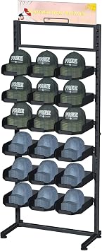Large Hat Rack Stand - 6 Tier Adjustable Ball Cap Storage Organizer With 18 Plate Tray for 180 Baseball Hat,Standing Coat Rack, Commercial Home Use, Black Metal Shelving