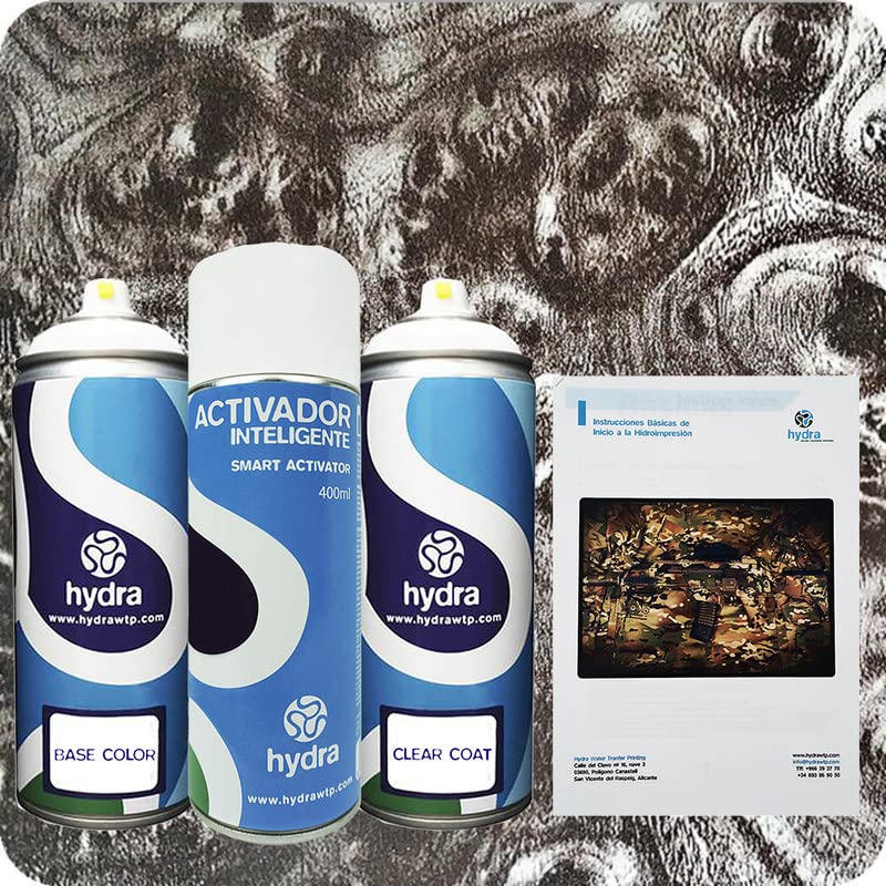 STARTER Kit Hidroimpresion: 1 Activador 400 ml + 1 barniz y color de fondo adecuados de 400 ml + 1 Manual + 1 Lámina hidroimpresión madera de raíz. Ancho: 100cm. Largo: 200cm (HMR-070)