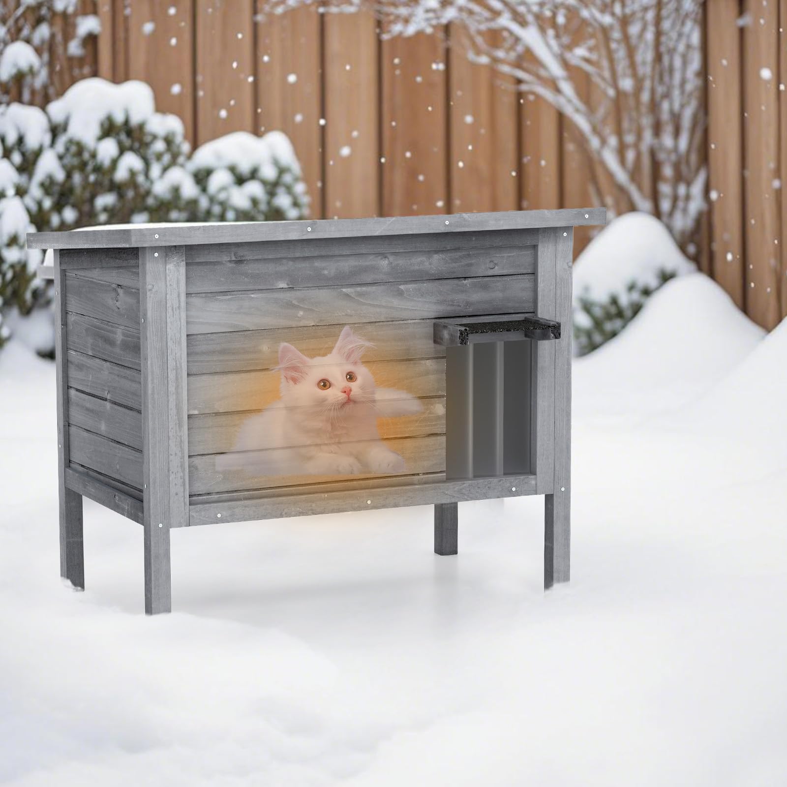 GYMAX Casa para Gatos de Exterior de Madera de Abeto de 88 x 55 x 71 cm, Caseta para Gatos Aislada con Techo Inclinado de Asfalto, Base Elevada y Pared Divisoria Extraíble (Gris)