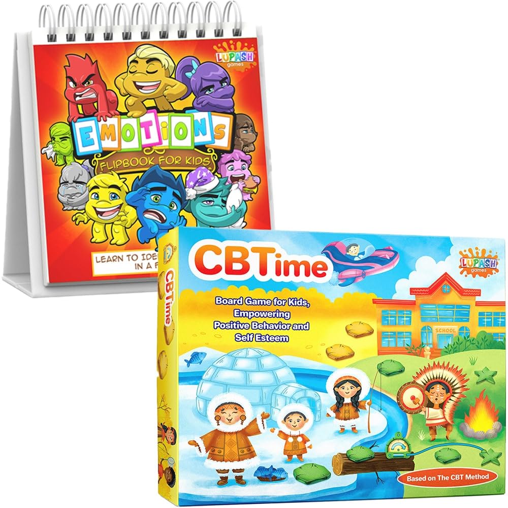 CBTime Therapy Games for Kids, Playing CBT Board Game for Coping Skills & Feelings Flipbook for Kids by Professional Therapists - Learn to Identify 20 Different Emotions