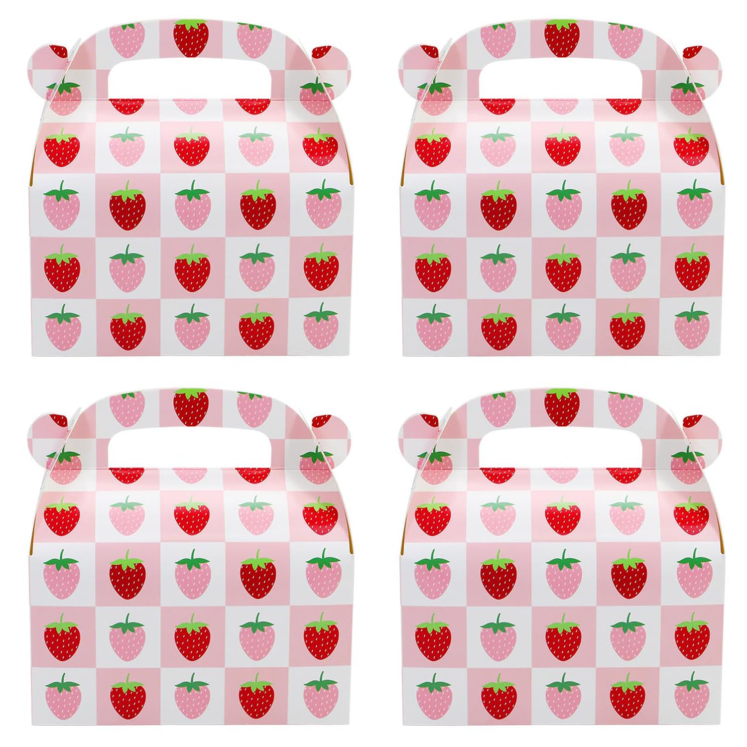 Oletx 24Pcs Strawberry Party Favor Treat Box, Grid Pattern Sweet Berry Candy Goodie Box 6.3x3.5x3.5 inch, Paper Gift Box with Handles Perfect for Red
