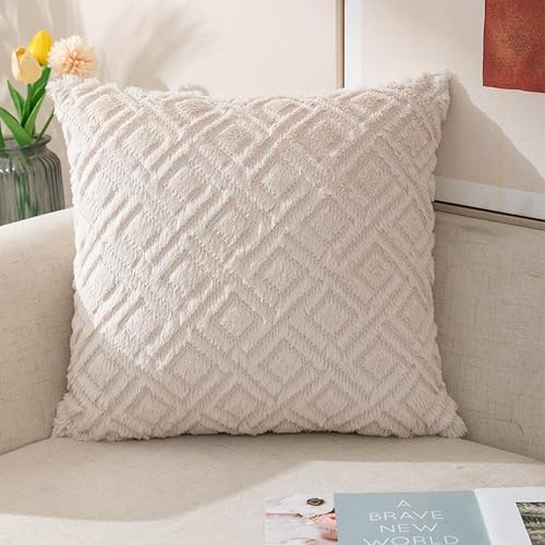 Miniatura 5 de ETASOP Almohadas decorativas de 18 x 18 pulgadas, fundas de almohada de lana sintética de felpa suave para el hogar, juego de 2 almohadas bohemias