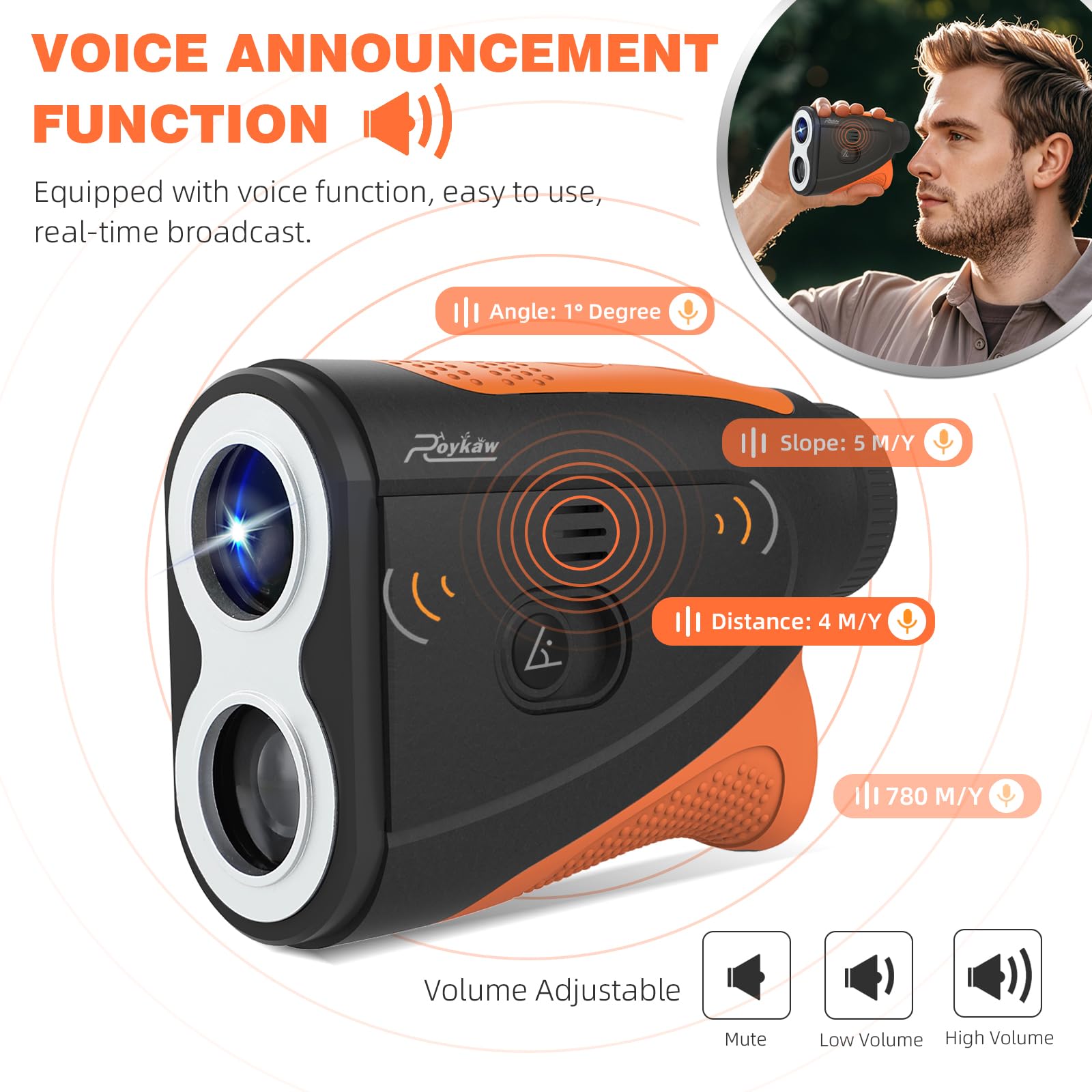 Roykaw Télémètre de golf avec pente, annonce vocale, télémètre laser de 1 200 mètres, vibration de verrouillage de mât, grossissement 7x, vue HD, avec aimant, facile et pratique