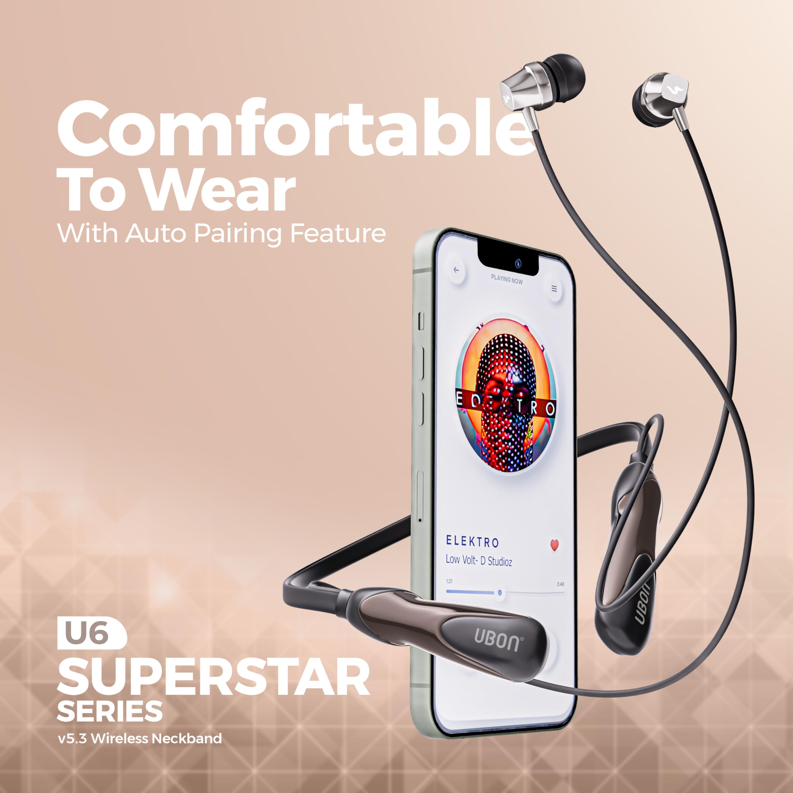 UBON U6 Series Wireless 30 Hrs Playback, Dual Pair, Fast Charge, Magnetic Buds, Bluetooth Neckband with Mic (Black) — Amazon image 5