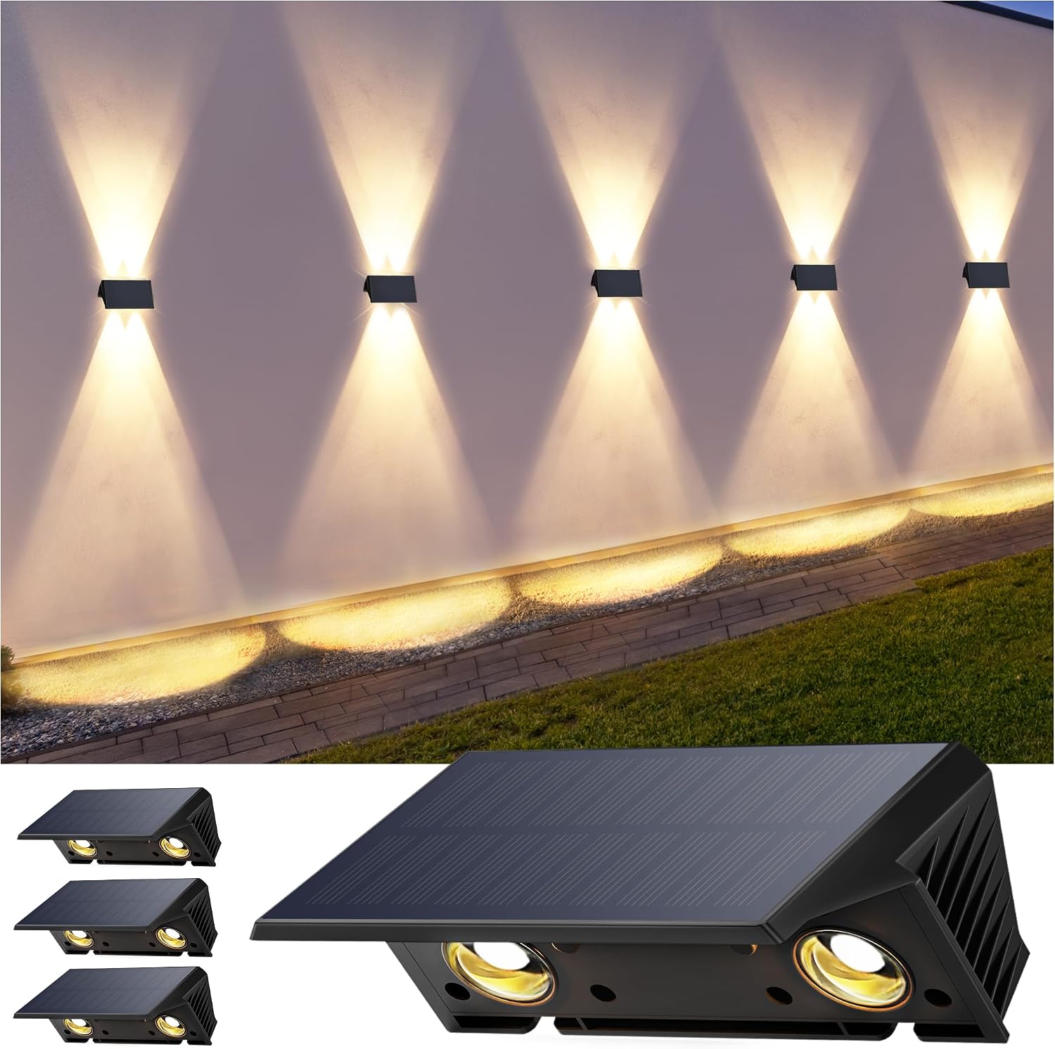 wandleuchte solar außen solar wandleuchte aussen solarlampen Nach Oben und Unten Beleuchtet 4 LEDs IP67 Wasserdichte Solarleuchte für Garten Balkon Terrasse Treppen Warmweiß 4er