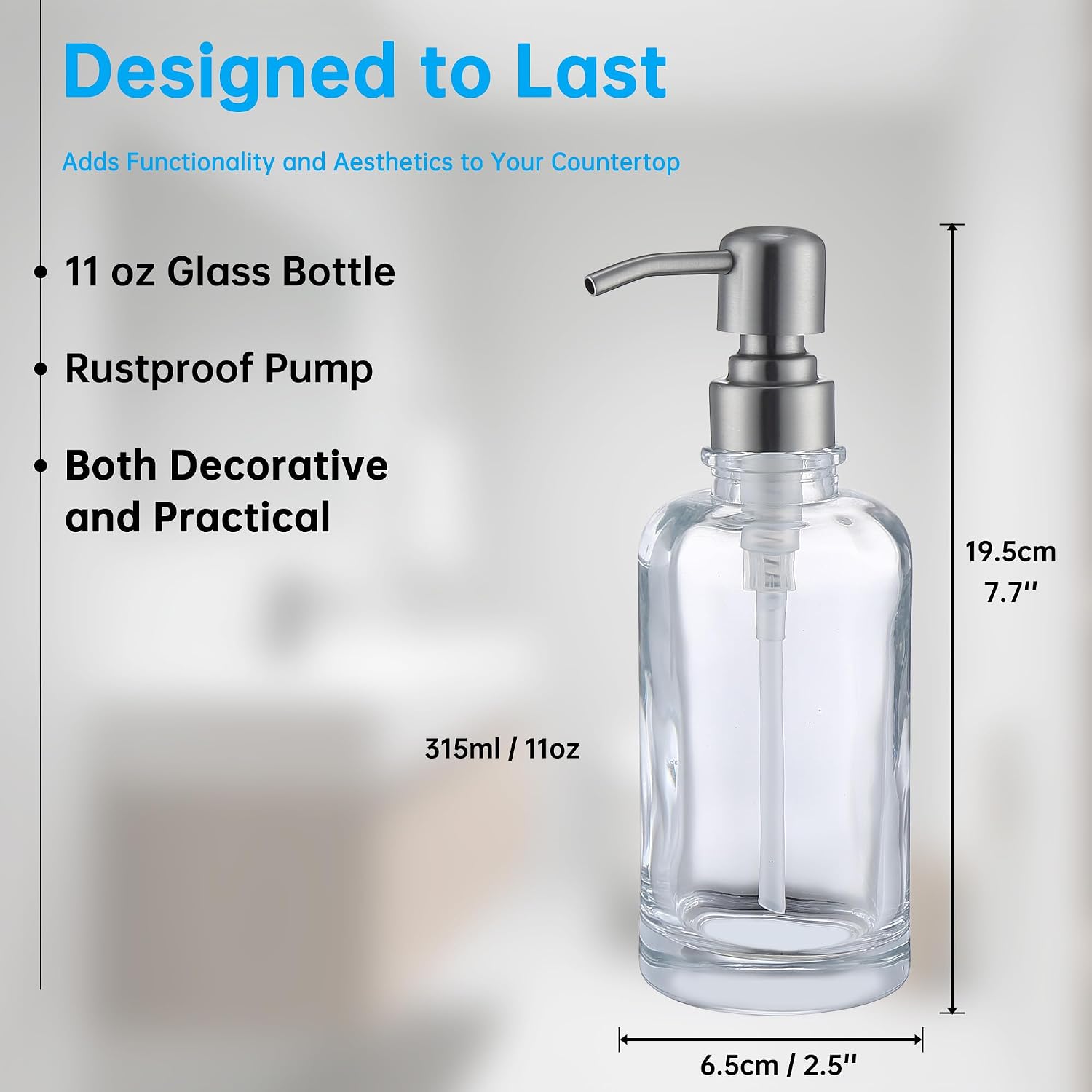 Clear Glass Soap Dispenser with Brushed Nickel Pump 2 Pack, 2 X 11 OZ Liquid Soap Dispenser Cylindrical with Stainless Steel Pump for Dish Hand Soap Bathroom Kitchen Vanity Countertop