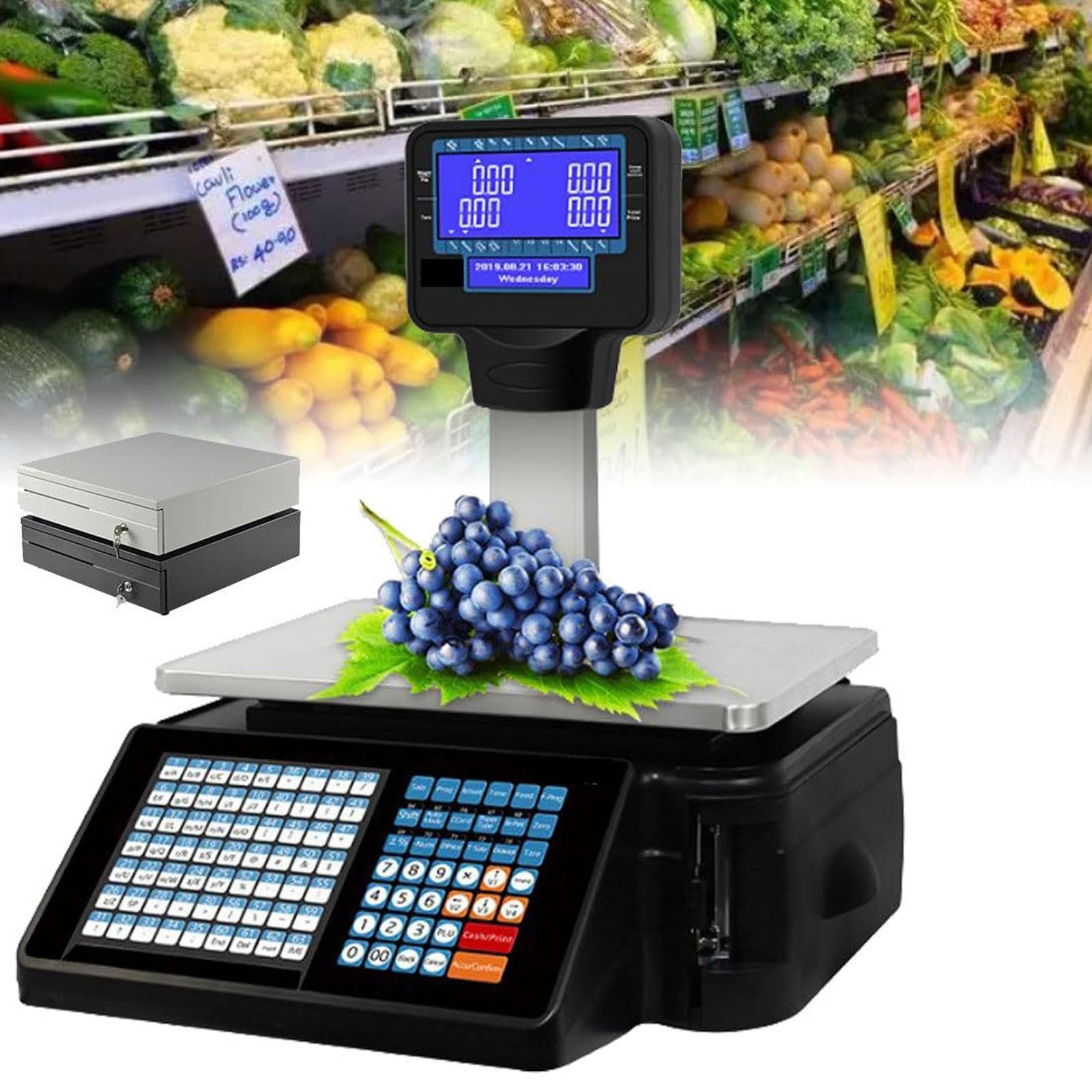 HPTHLY Digital Barcode Weighing Scales with Label and Receipt Printer,Label Printing Scales,30kg/60lbs Double-Sided LCD Display,Commercial Cash Register,for Food Retail (Machine+cashbox+scanner)