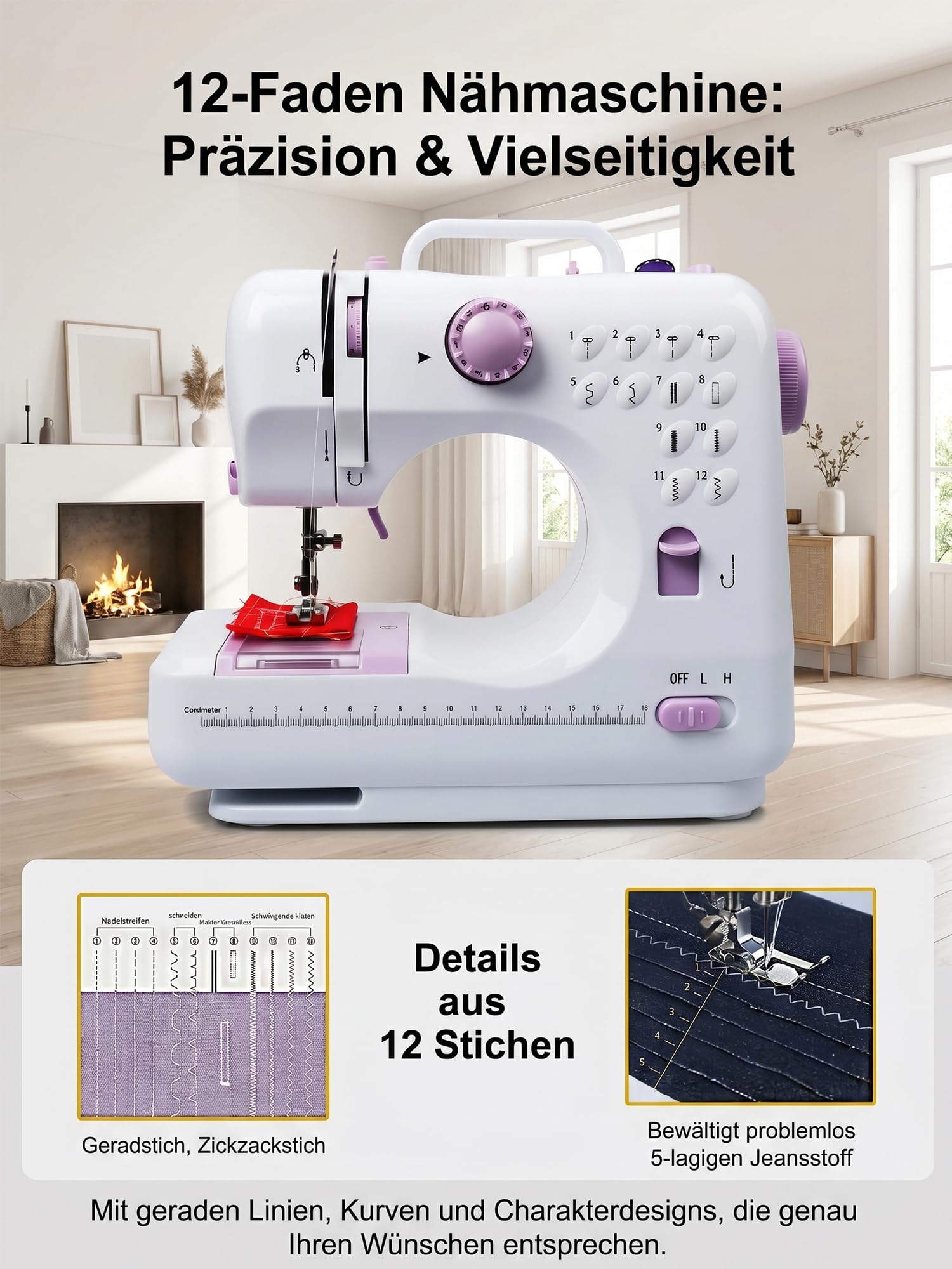 BRICH Elektrische Nähmaschine, Kompakte Mini Nähmaschine für Anfänger | 12 Stichprogramme & 42-tlg. Zubehör Set. Ideal für Hosen kürzen, Stoffe bis 5mm & Jeans. Tragbar mit Batterie oder Netzteil.