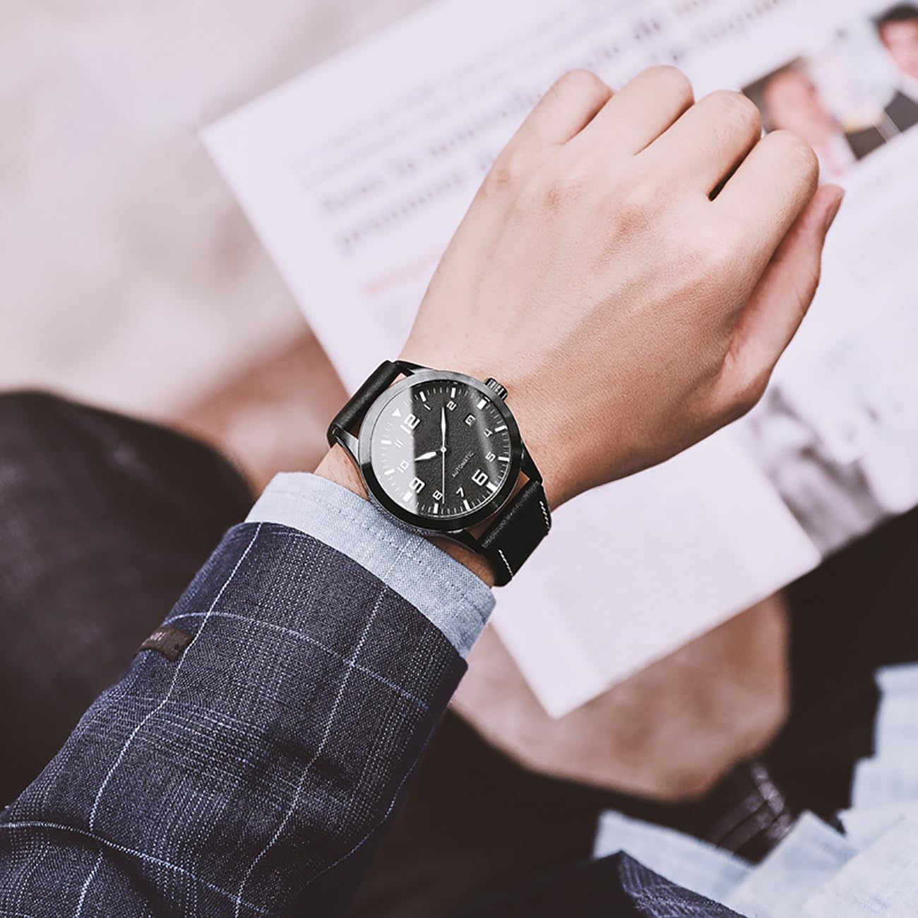 Mechanische Uhrwerk Automatikuhr mit Lederarmband Klassische Herrenuhr Analoge Automatikuhr mit Textilarmband