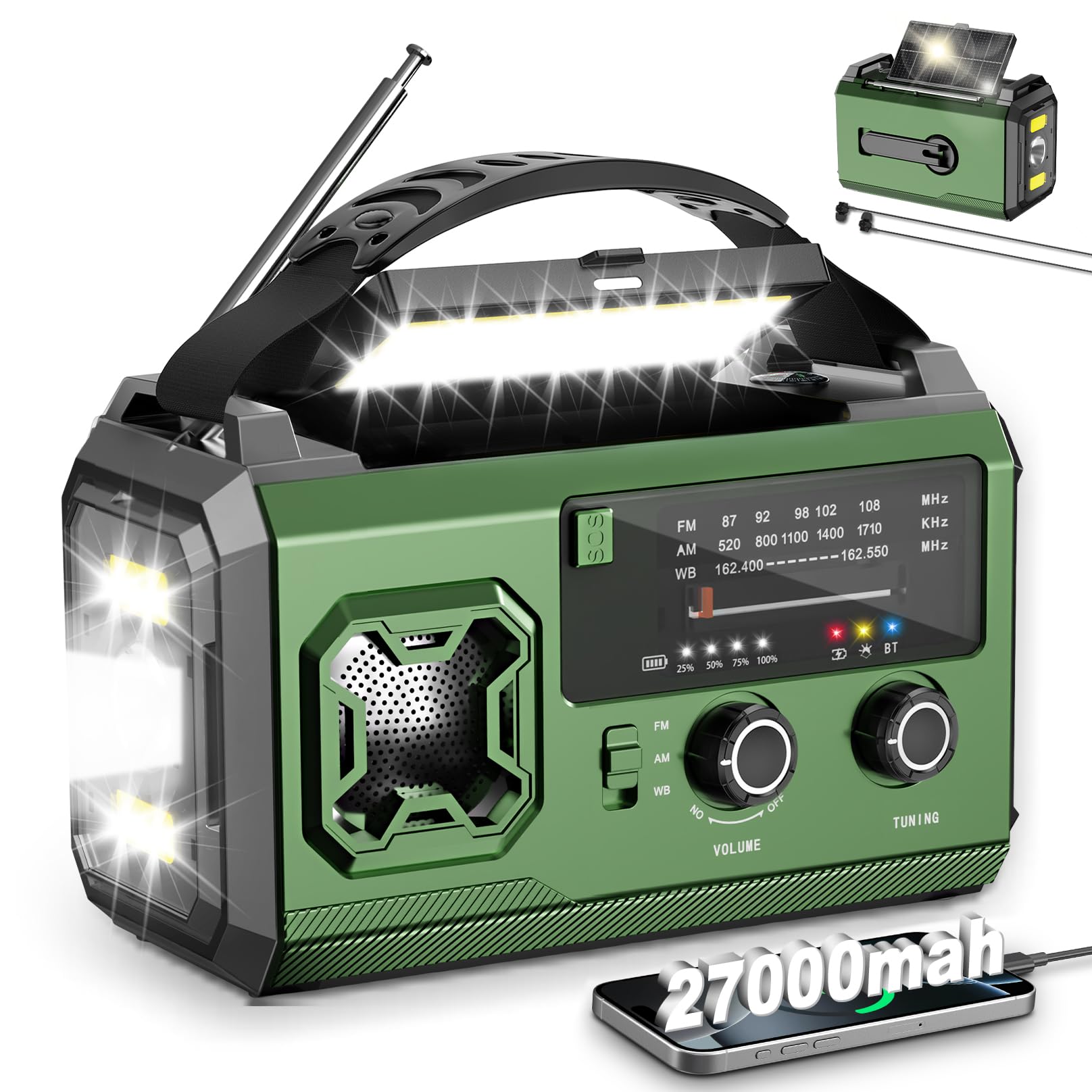 Radio Solar de Emergencia con Manivela, 27000mAh FM/Am Emergency Radio Portatil de Dinamo con Linterna LED, Luz de Lectura y SOS Alarma USB de Camping al Aire Libre (Verde Militar)