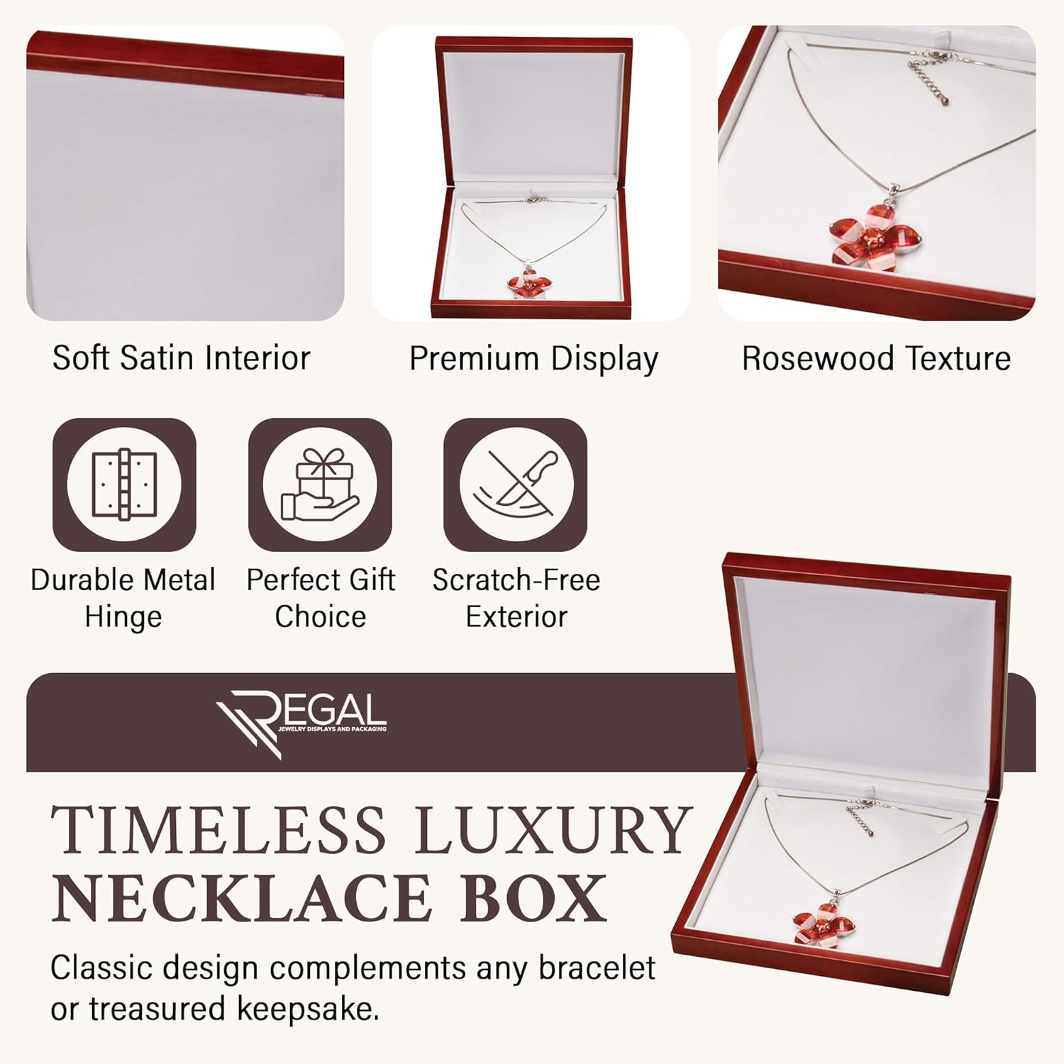 Regal Displays Elegant Rosewood Earring Pendant Necklace Box gift Premium Wooden Glossy with White Leather interior and Metal Hinge, Suitable for Proposal, Size (7 5/8" x 7 5/8" x 1 1/2") Inches