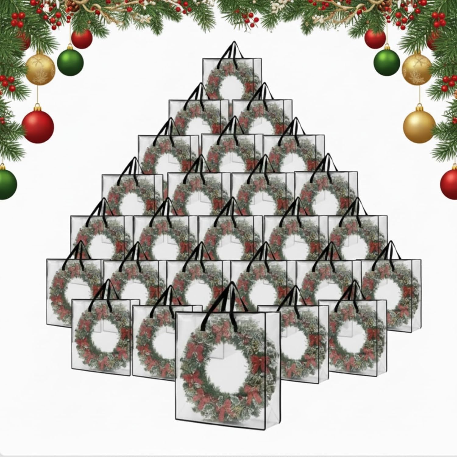 24 Pack Wreath Storage Bag Christmas Decoration Garland Container, 25.6 Inch Large Clear Door Wreath Organizers, Moving Boxes, Packing Supplies for College