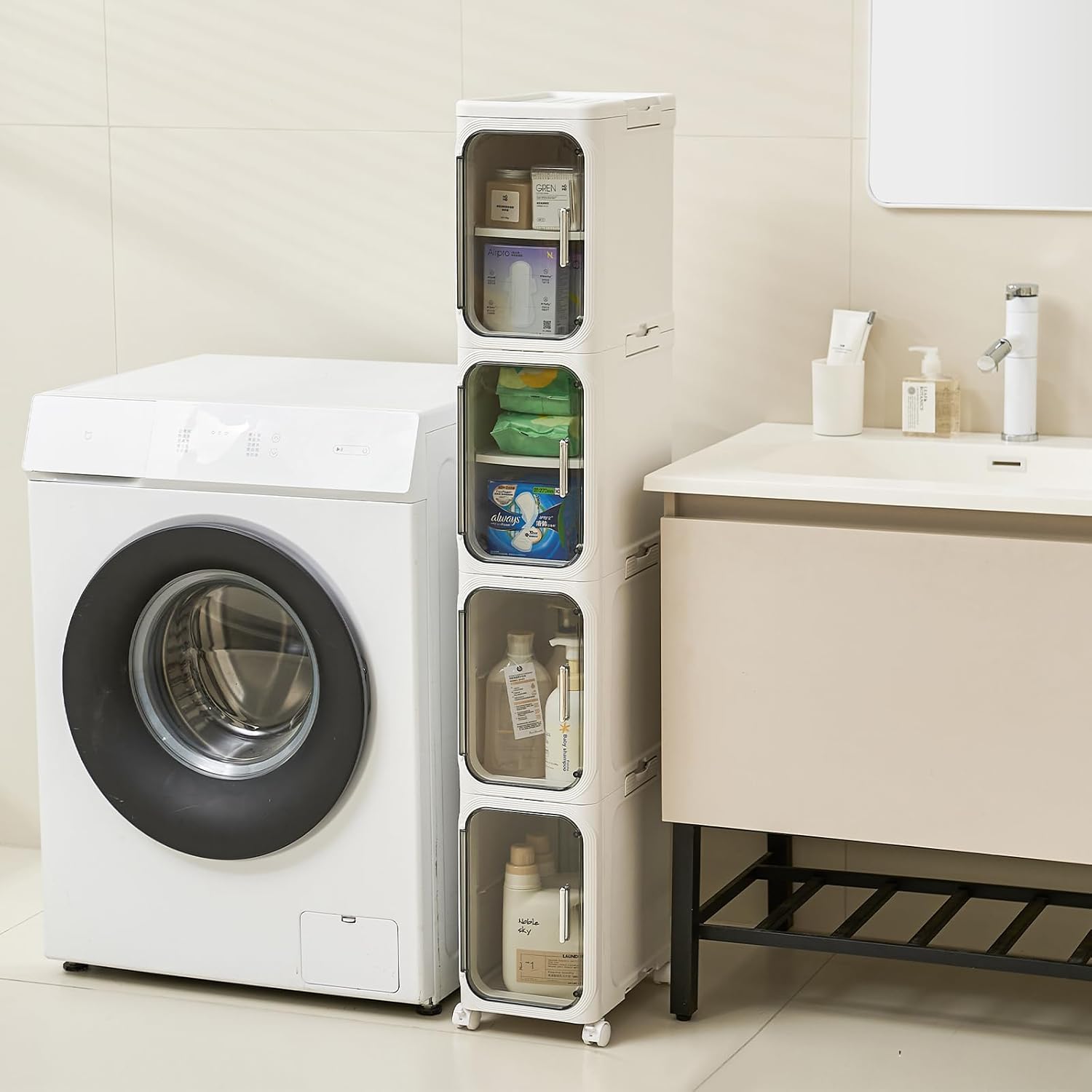 4-Tier Narrow Storage Cabinet with Magnetic Doors and Shelves, Plastic Slim Bathroom Organizers and Storage with Wheels for Small Spaces Bathroom, Kitchen, White