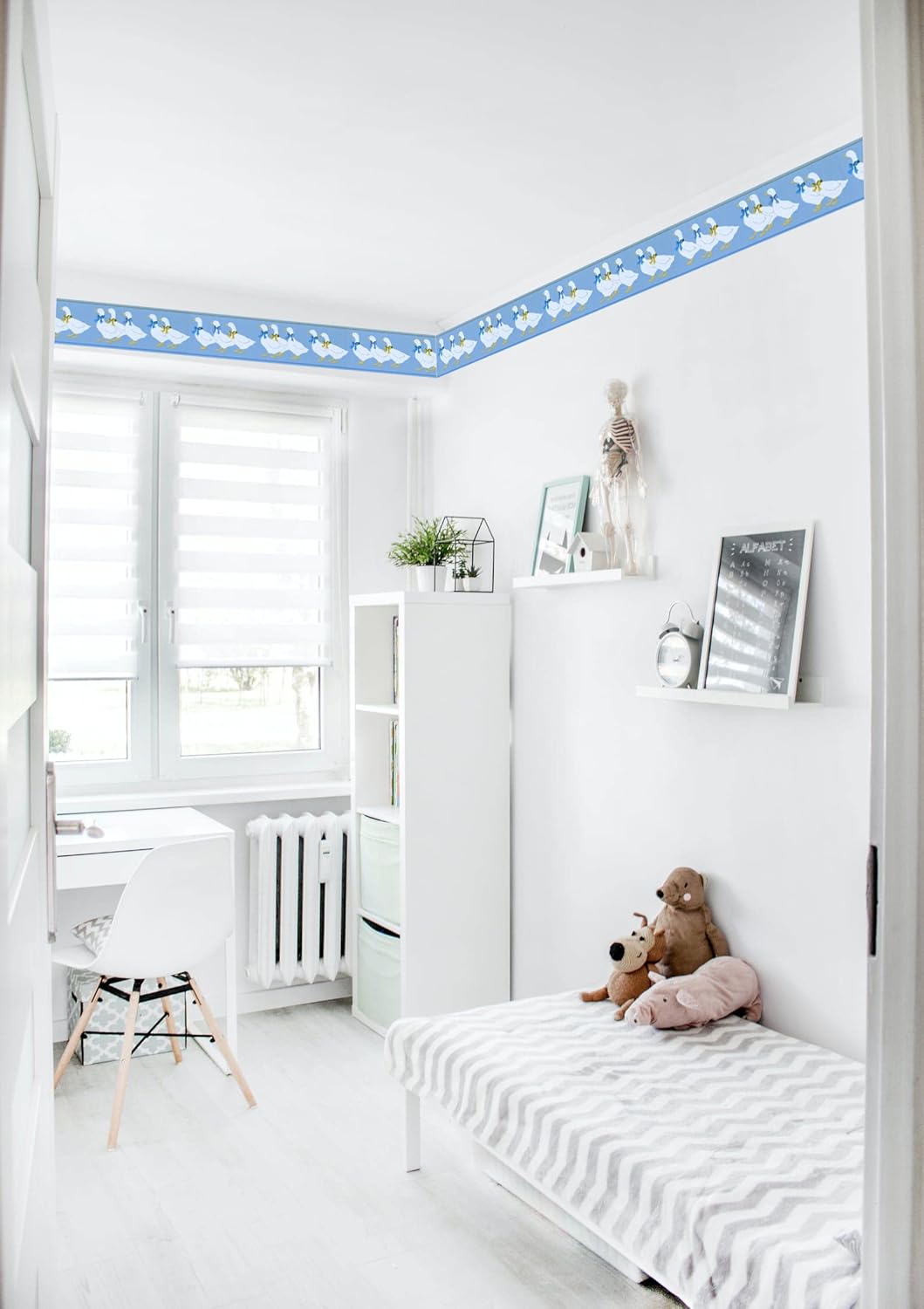 CONCORD WALLCOVERINGS ™ Wallpaper Border Birds Pattern Gooses with Bows for Farmhouse, Blue White Brown Jasmine, 5.25 Inches by 15 Feet BT77711