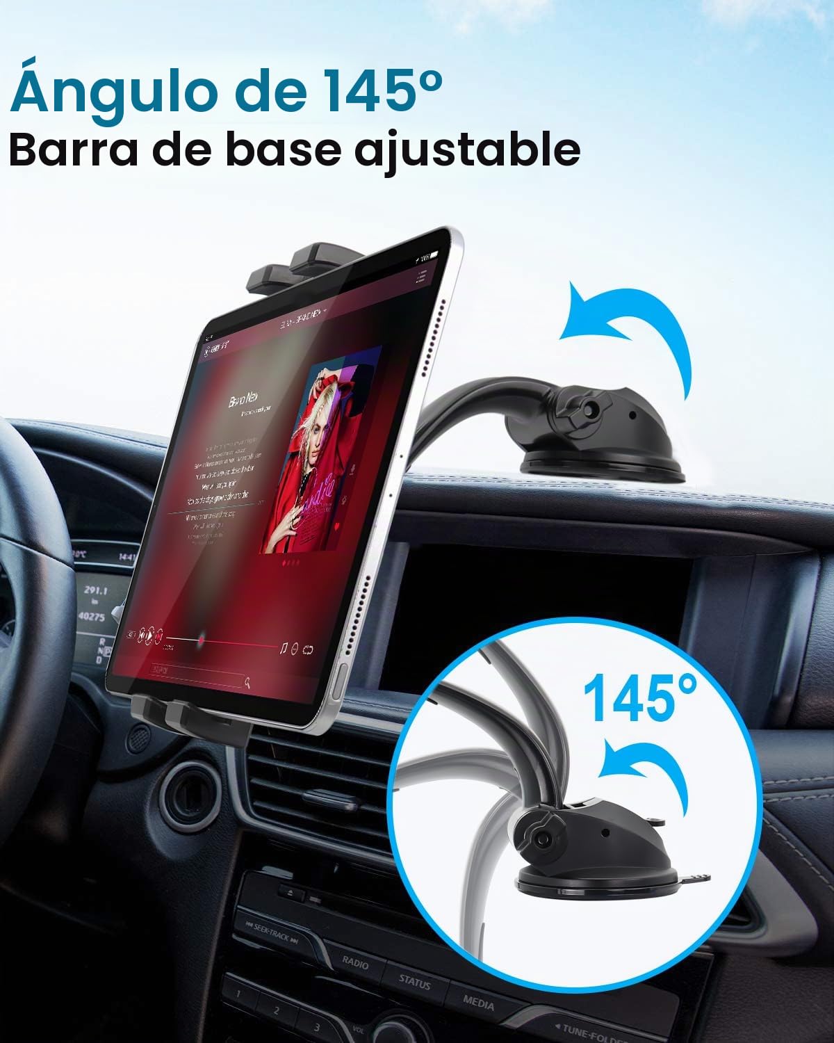 Soporte Tablet Coche Salpicadero con Ventosa Brazo Ajustable | Soporte Móvil y Tablet Parabrisas para iPad Pro 12.9, 11, 9.7 / Air Mini, Galaxy Tabs, iPhone, Teléfonos y Tabletas de 4-13"