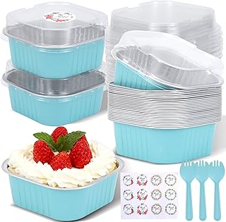 20 Pack 10oz Mini Cake Pans With Lids, Aluminum Foil Square Brownie Baking Cups,Disposable 4”x4” Large Cupcake Pan,Jumbo Muffin Tin Ramekins Holders-Blue