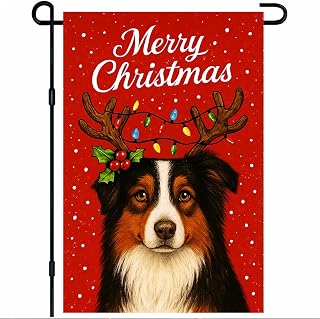 Christmas Garden Flag 12x18 Inch Welcome Australian Shepherd Dog Outdoor Flag Double Sided Holiday Puppy Yard Banner with Antlers and Lights for Porch Lawn Patio