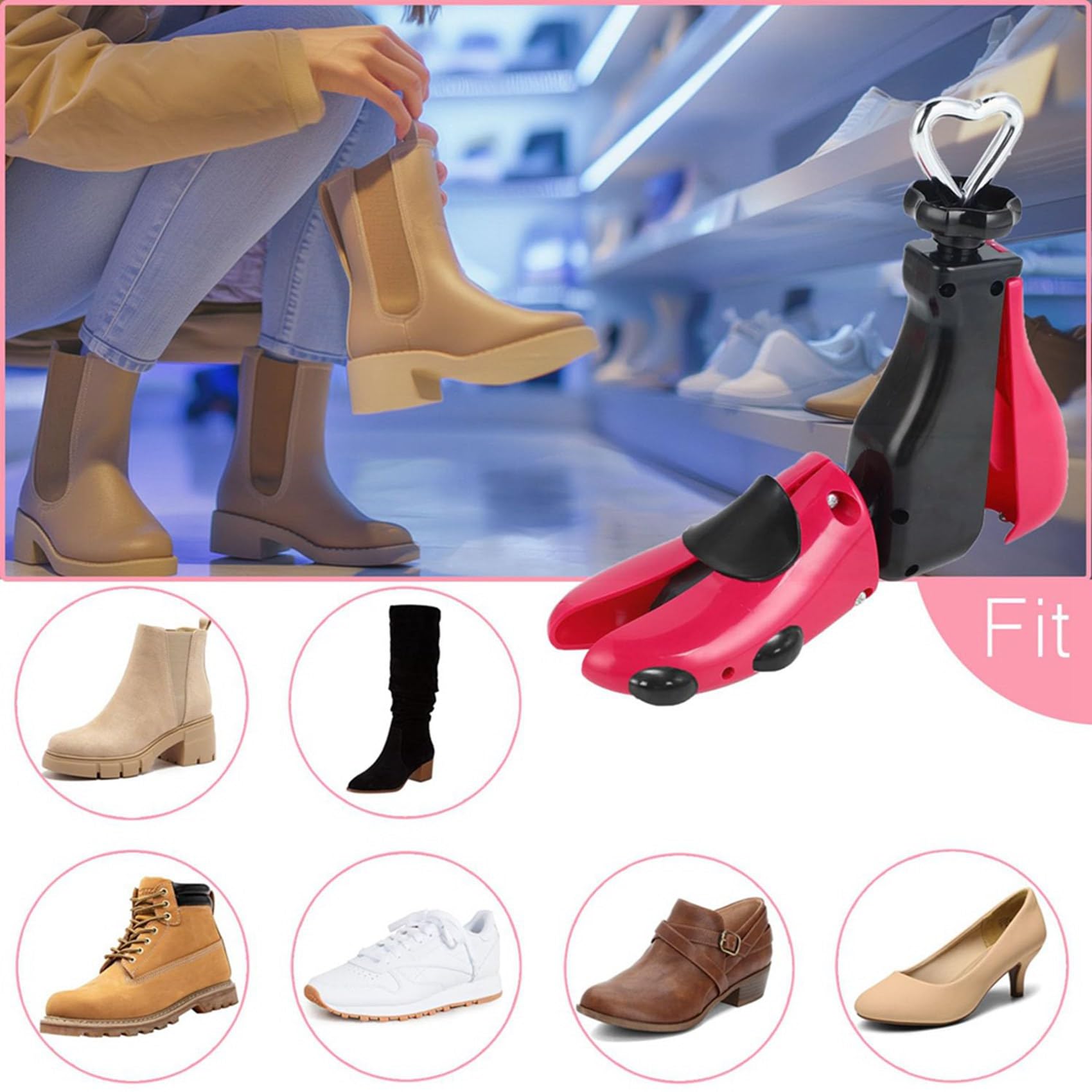 2X Ensanchador de Zapatos para Botas para Hombres, Expansor de Hormas para Mujeres, y Elástico, Botas Unisex Ajustables con Pies Anchos Rosa