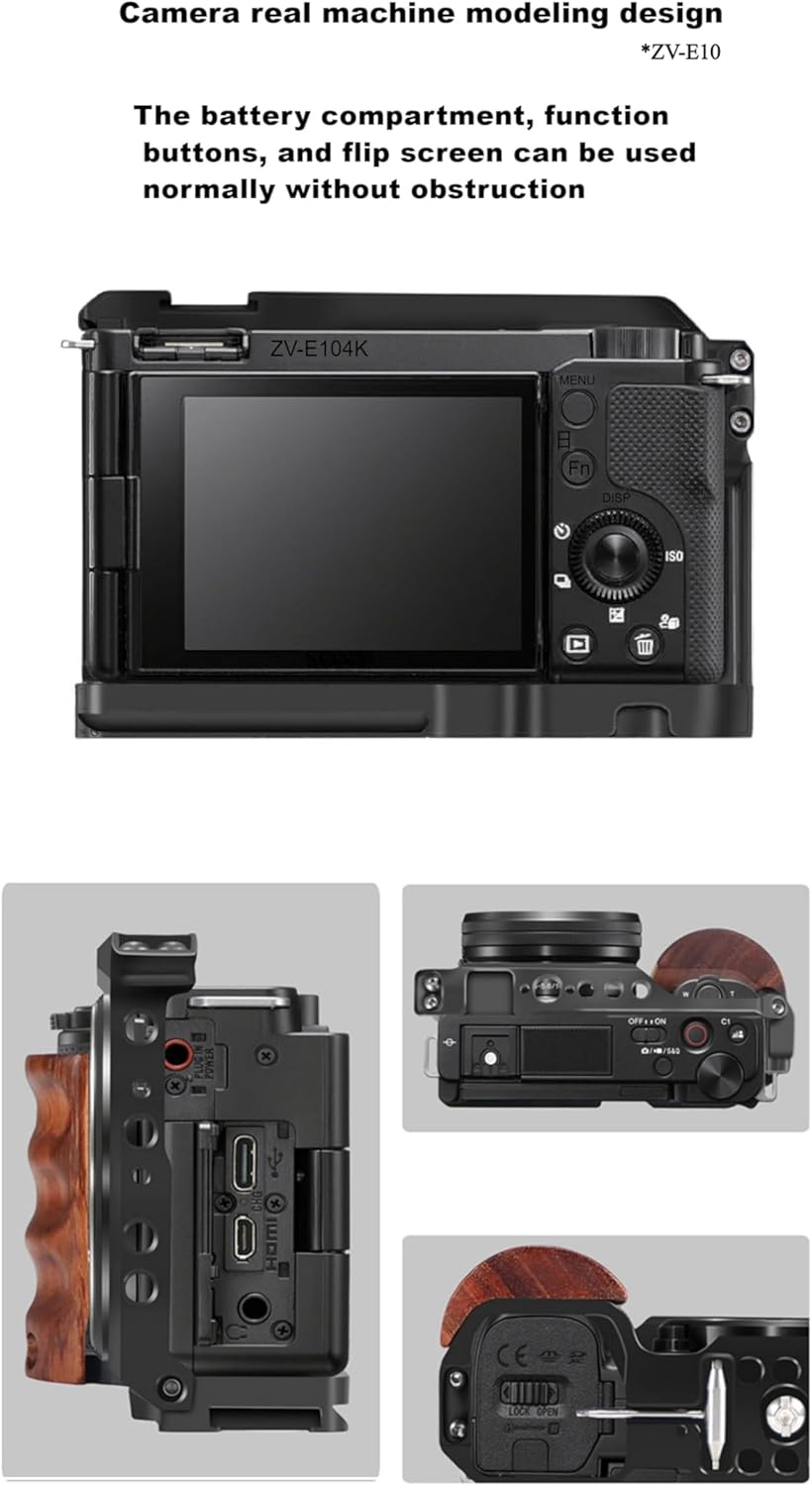 Camera Cage with Wood Handle for Sony Alpha ZV-E10, Aluminum Video Rig (ZVE10-CAGE)