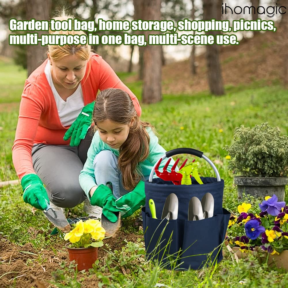 17L Sac Pliable à Outils de Seau avec Plusieurs Poches, Sac Rond à Outils de Jardinage, Panier Multifonctionnel avec Poignée, Corbeille de Rangement pour Les Outils, Les Jouets (Bleu Marine)