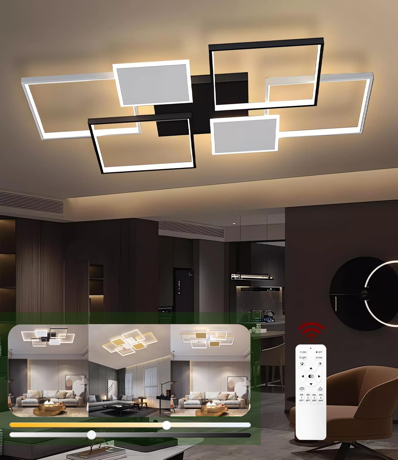 Dimmbare LED-Deckenleuchte Einfachheit Wohnzimmer Deckenleuchte Quadratische Deckenleuchte mit Fernbedienung für Schlafzimmer Esstisch Büro (Schwarz, L110cm)