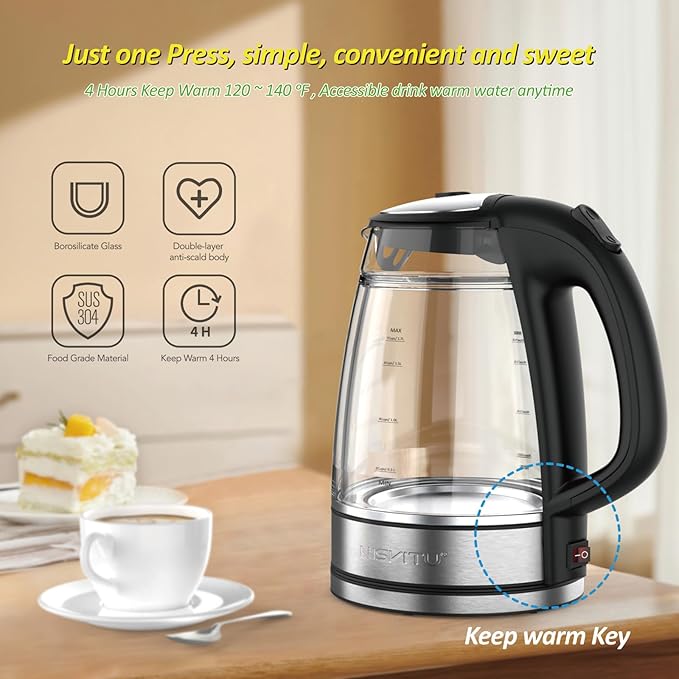 NISVITU Tetera Eléctrica 1.7L Doble Pared, Vidrio Borosilicato, 1500W, Negro miniatura 4